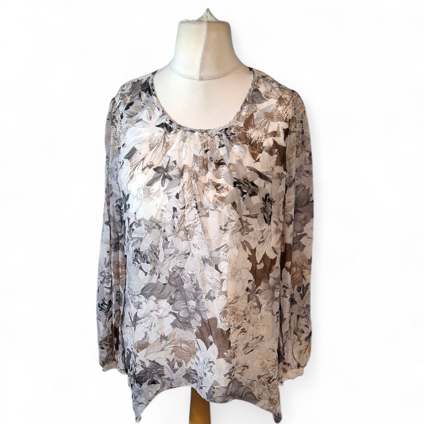 Wallis Grey & Brown Floral Blouse – Sheer Sleeves, Asymmetrical Hem, Size M (UK 12/14)
