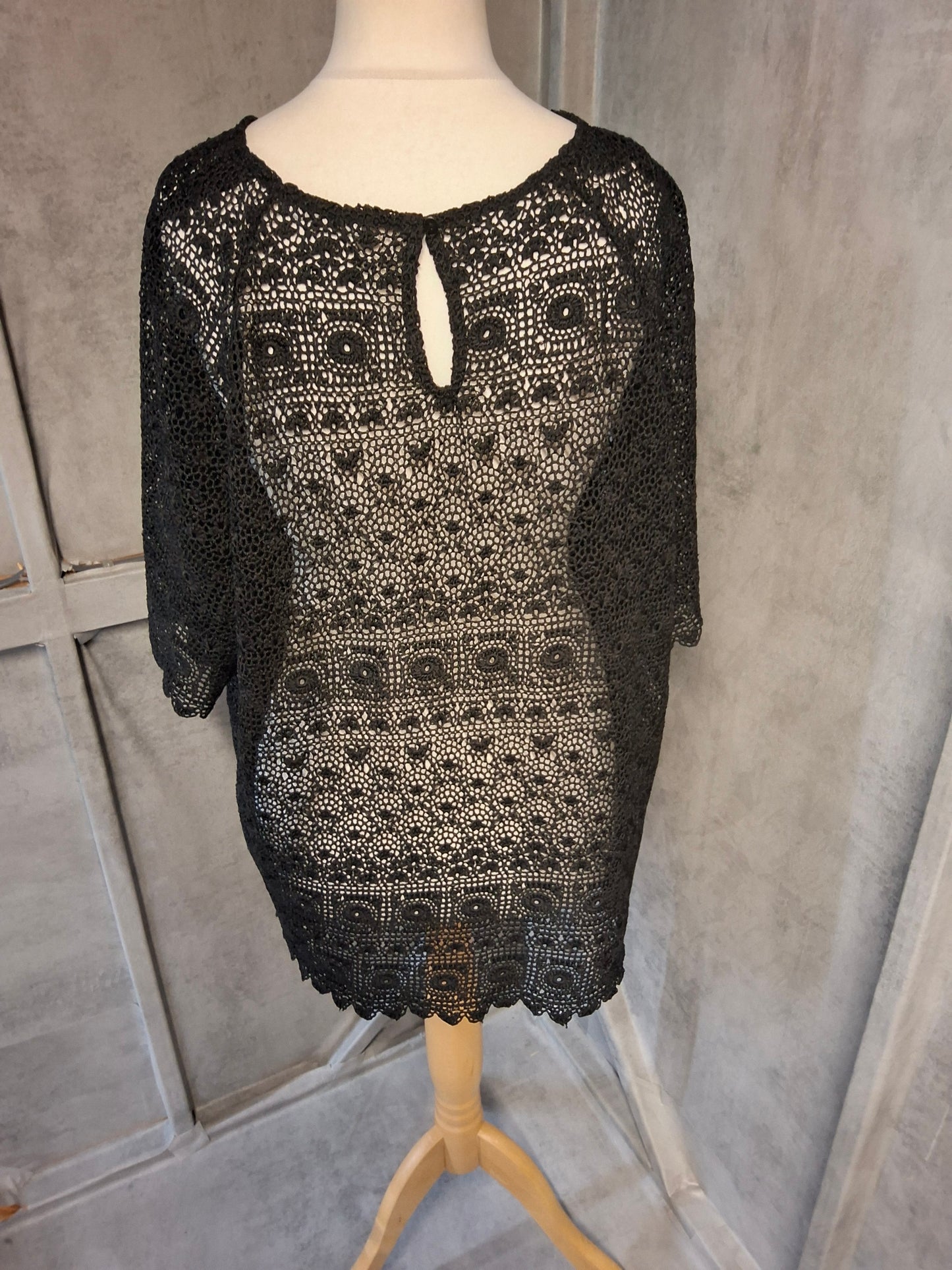 George Black Crochet Look Sheer Top | Size 22 | Longer Length | 100% Polyester