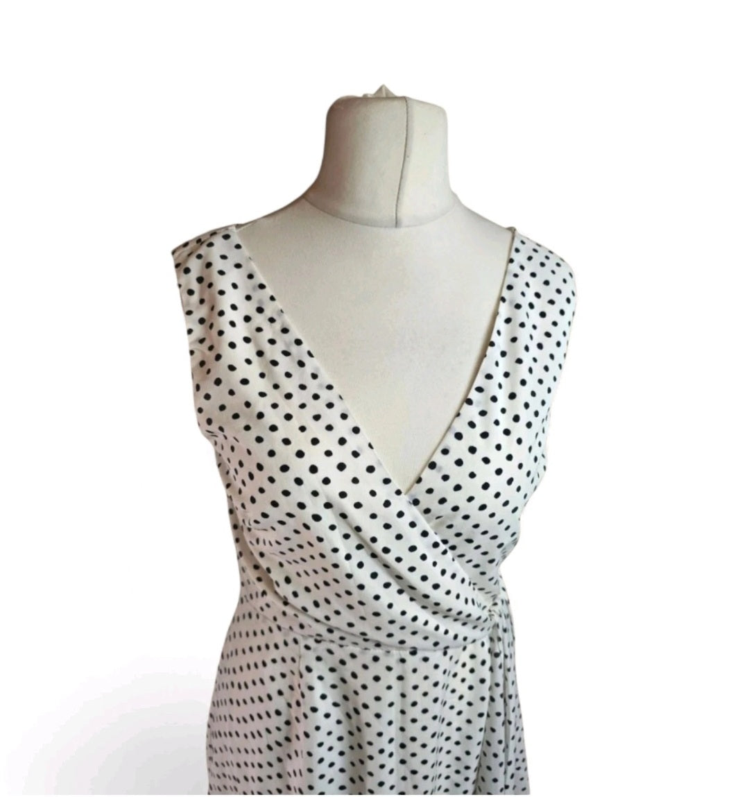 Lavish Alice Black & White Polka Dot Midi Dress – Size 12, Sleeveless, V-Neck, Asymmetrical Hem