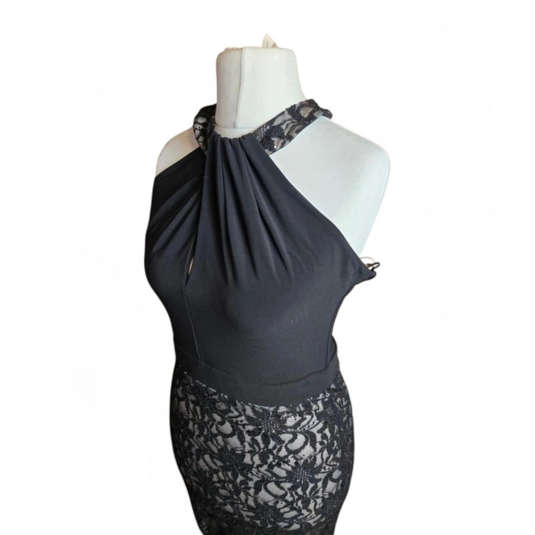 Jane Norman Black Lace Sequin Dress – Size 12, Sleeveless, High Neck, Long A-Line Formal Dress