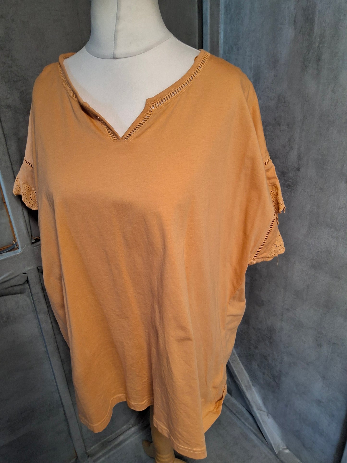 Damart Orange Organic Cotton Crochet Sleeve Top – Size 22/24
