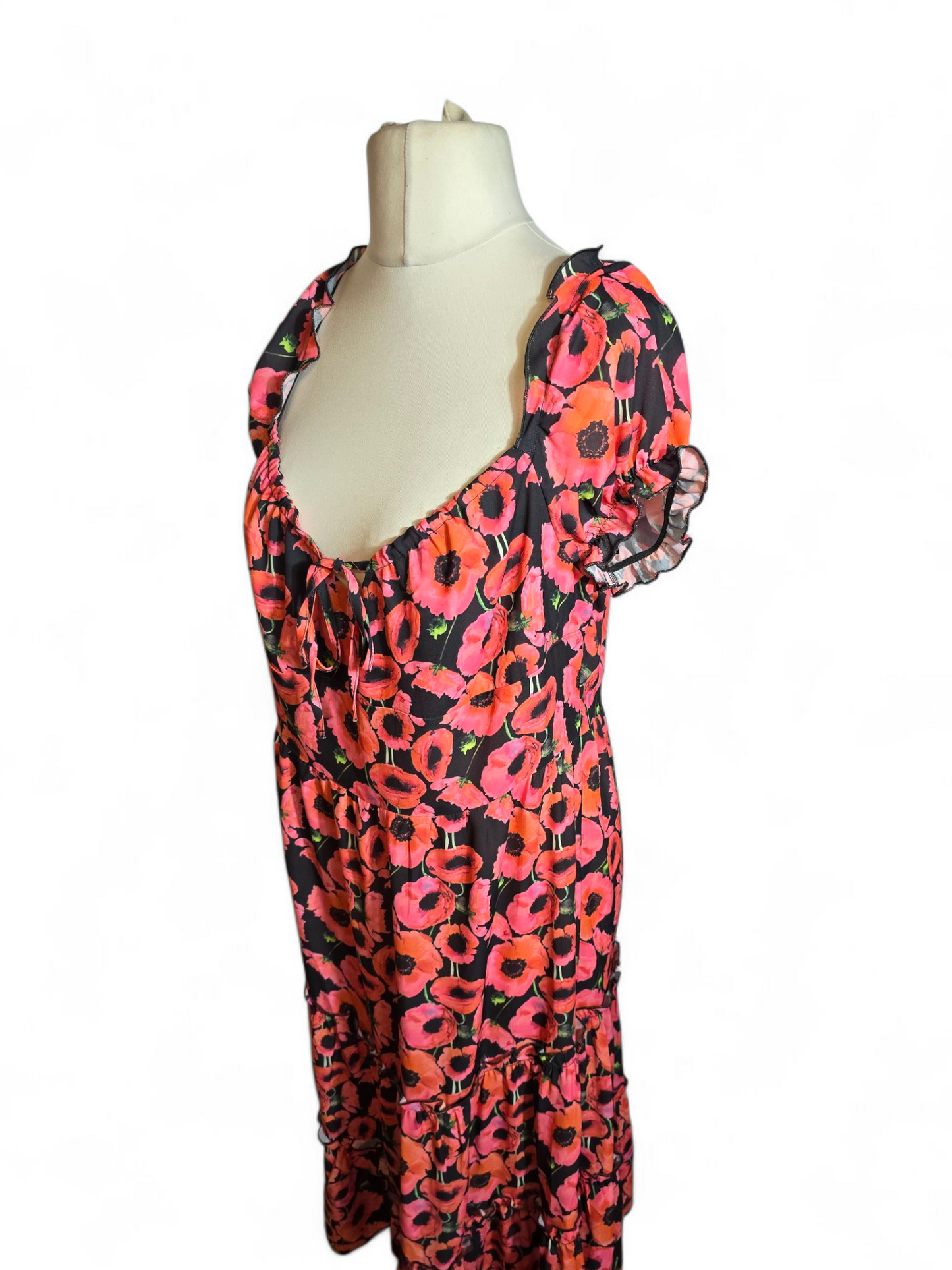 Boohoo Black & Pink Floral Midi Dress | Size 18 UK | Frill Detail, NWT, Zip Back