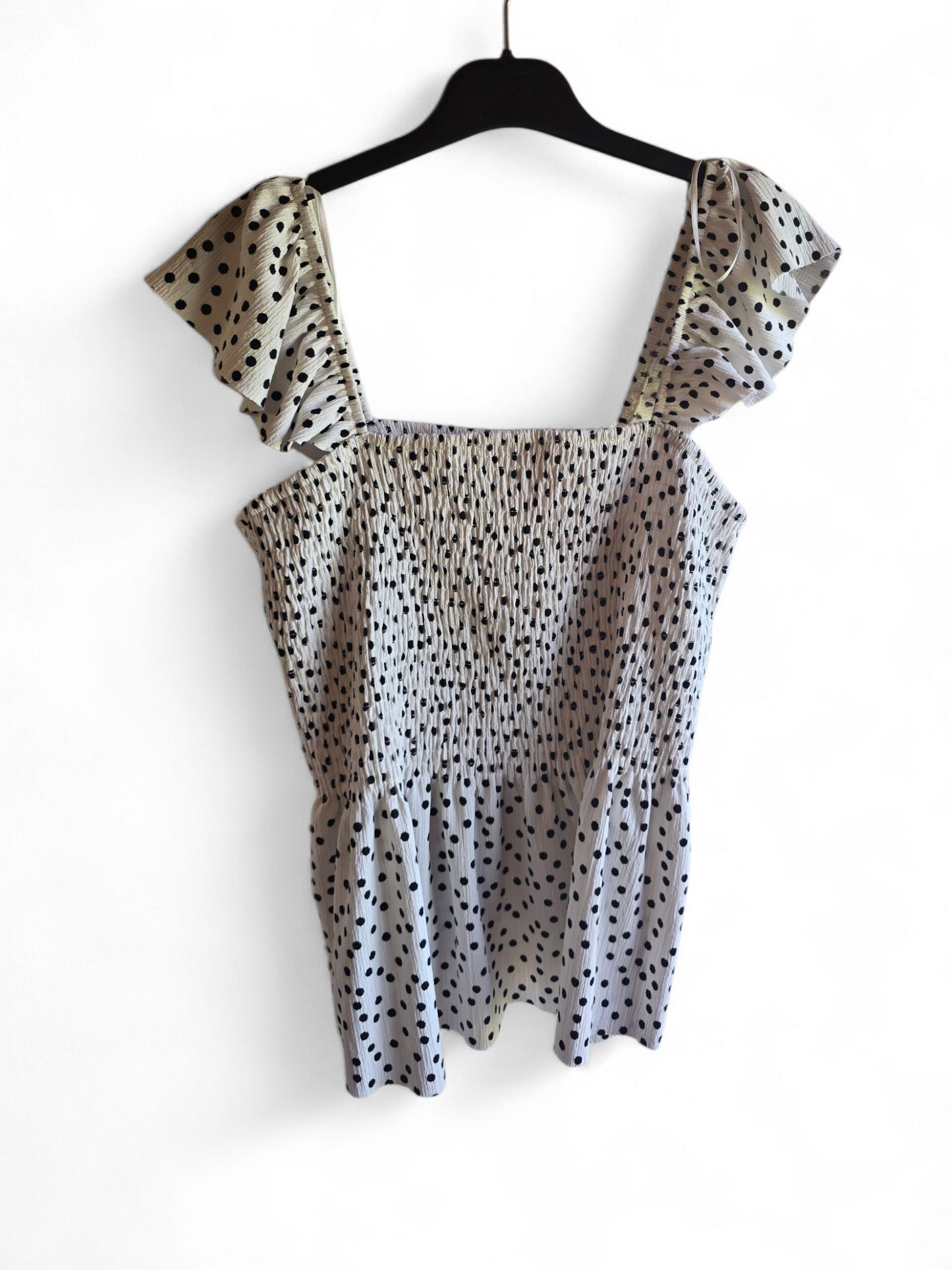 George Black & White Polka Dot Peplum Top | Size 18 UK | Elastic Chest & Frill Sleeves