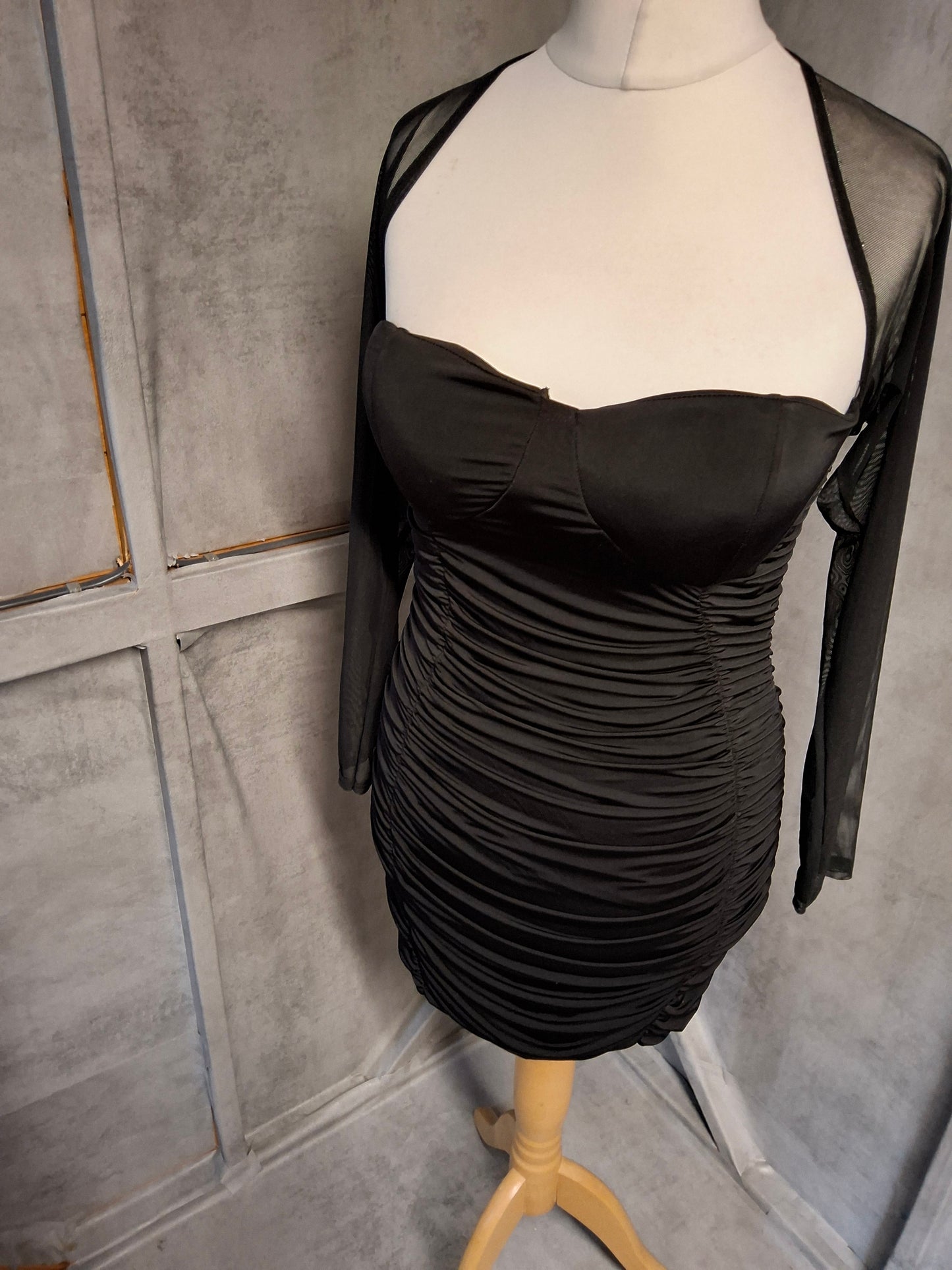 I Saw It First Black Ruched Mini Dress Size 12 – Open Back, Sheer Sleeves, Padded Bust