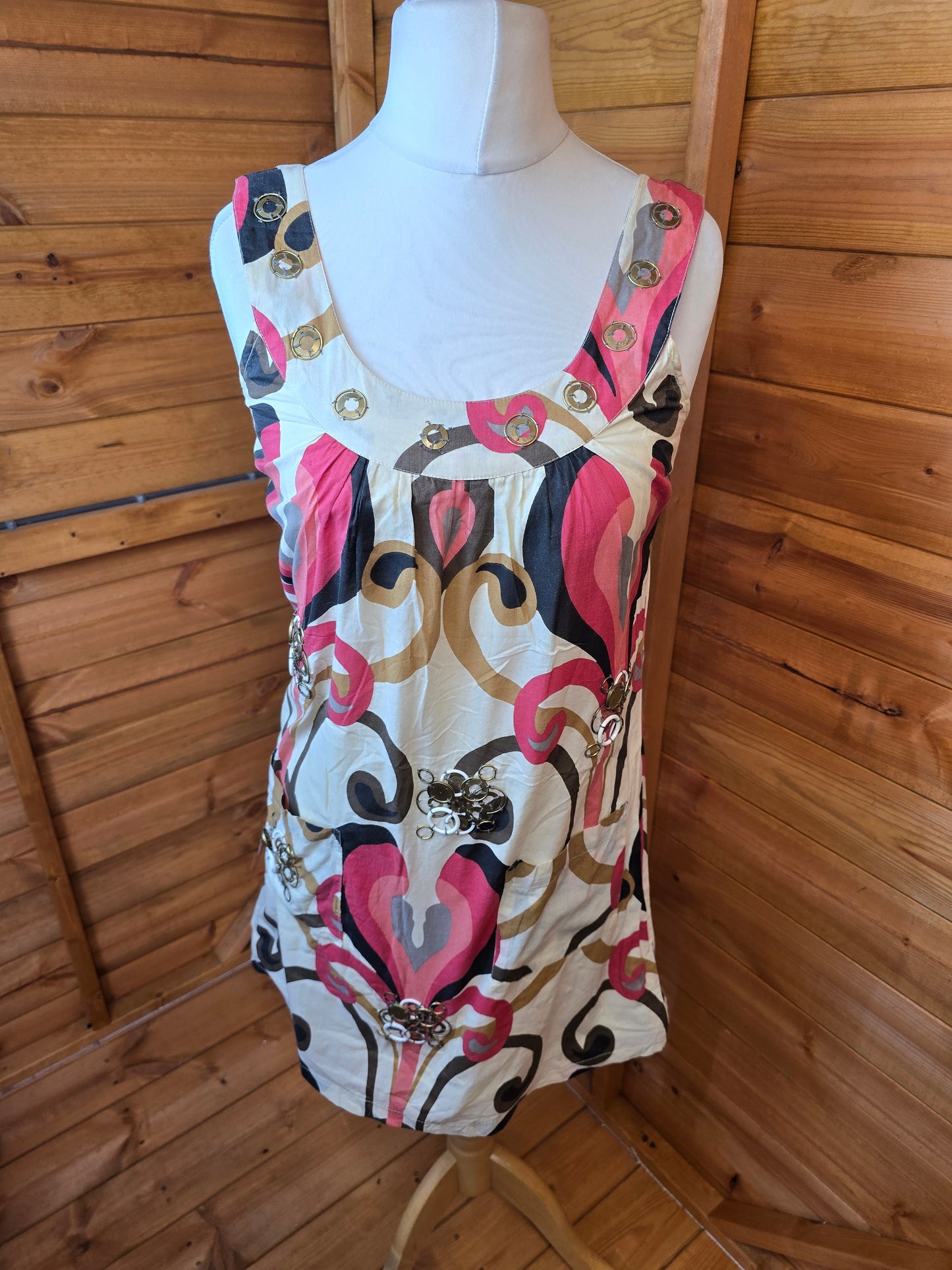 Y2K River Island Cream & Pink Mini Dress ā Size 10, 100% Cotton