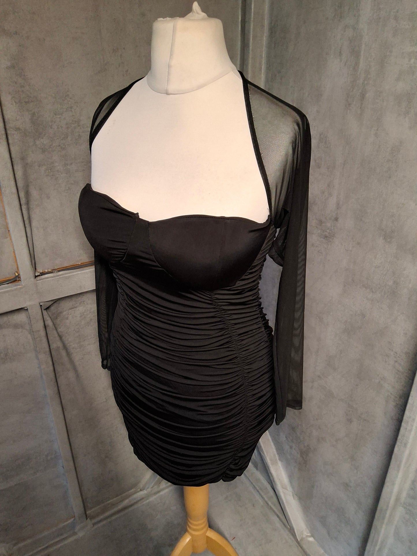 I Saw It First Black Ruched Mini Dress Size 12 – Open Back, Sheer Sleeves, Padded Bust
