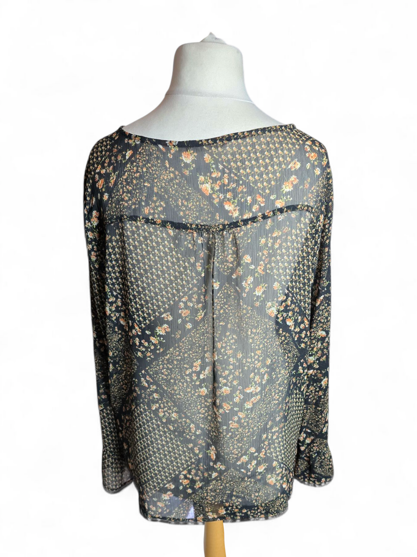 Mango Black & Orange Floral Sheer Blouse Size XL (UK 12/14) – Flared Cuffs, Tie Front