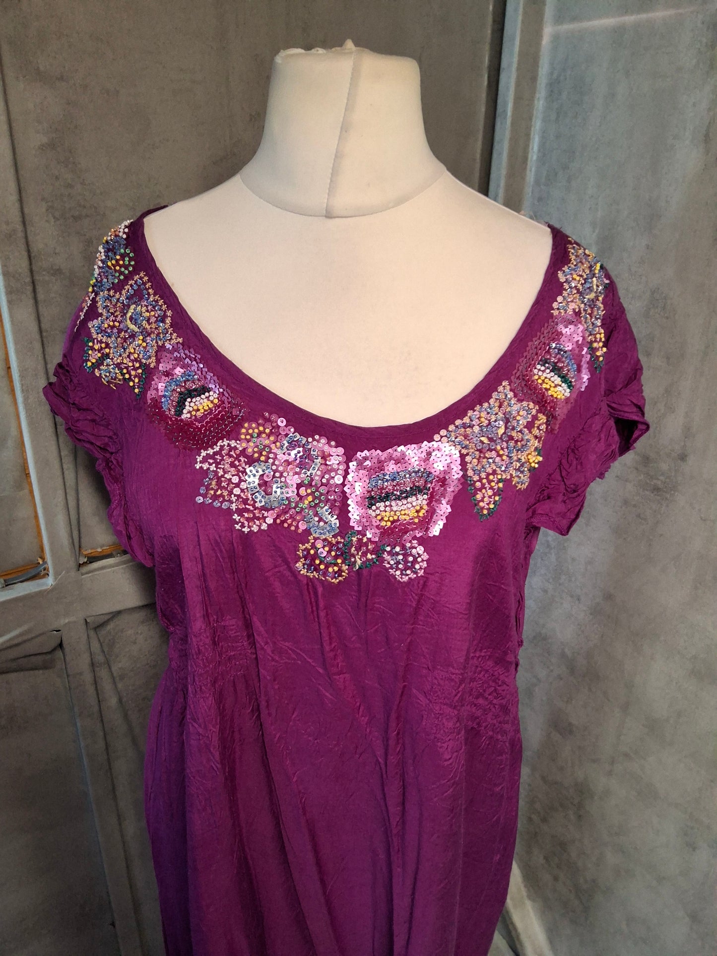 New Look Purple A-Line Dress | Size 16 UK | Beaded Front, Frill Sleeves, Tie Back