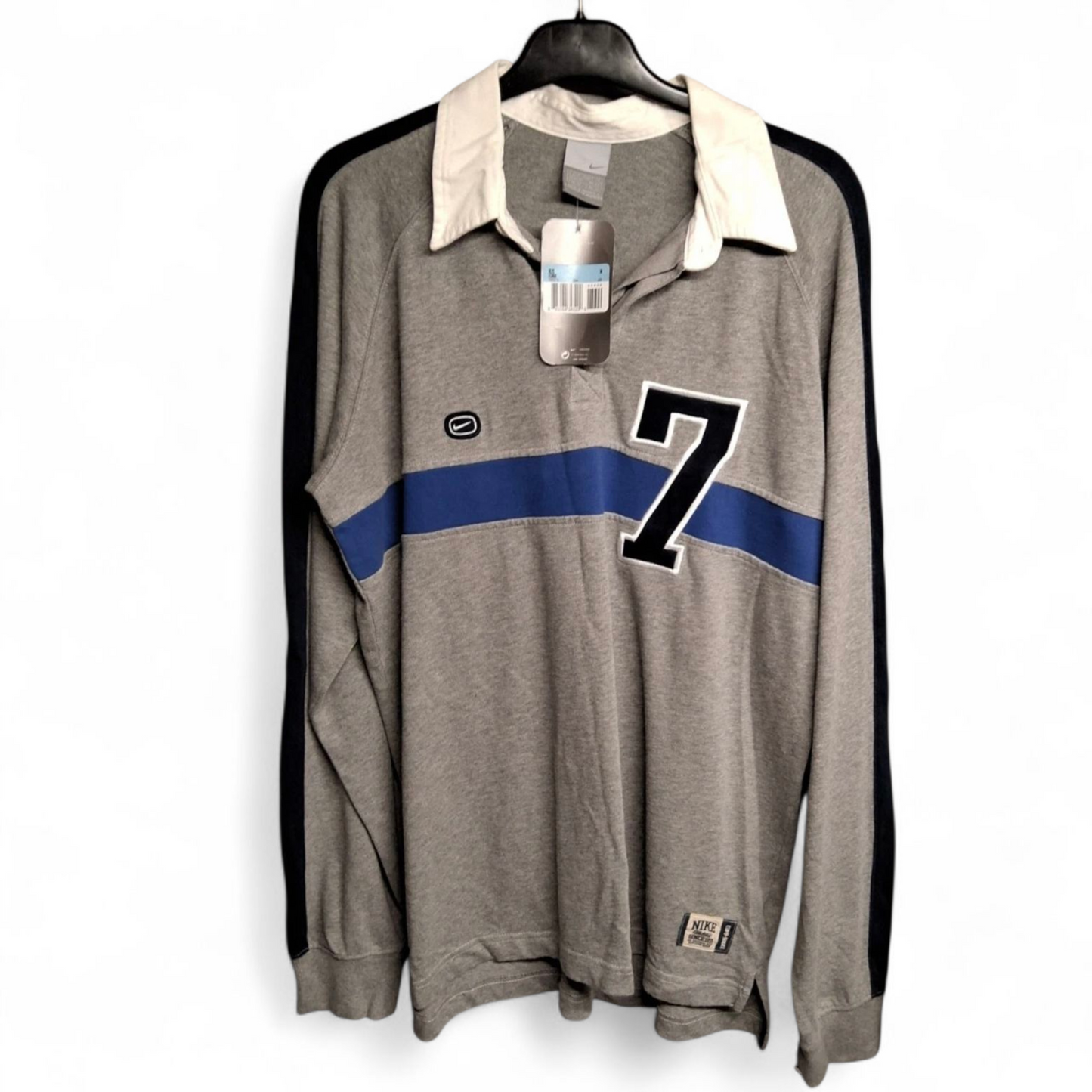 Men's Vintage Y2k Nike Athletic grey & navy long sleeved rugby top tagged