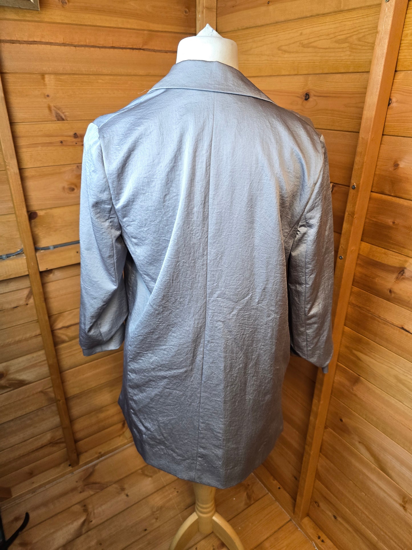 Next Tailoring Grey Metallic Open Blazer – Size 8, 3/4 Sleeves, Ruching, Lined with Pockets