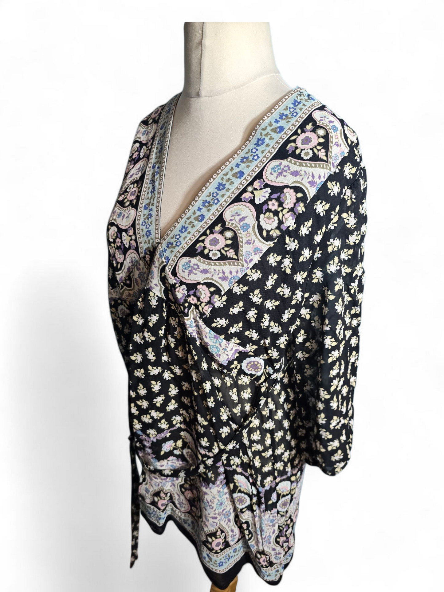 New Look Black Floral Tunic Dress – Size 18 (Fits 16), V-Neck, 3/4 Sleeves, Above Knee, Viscose