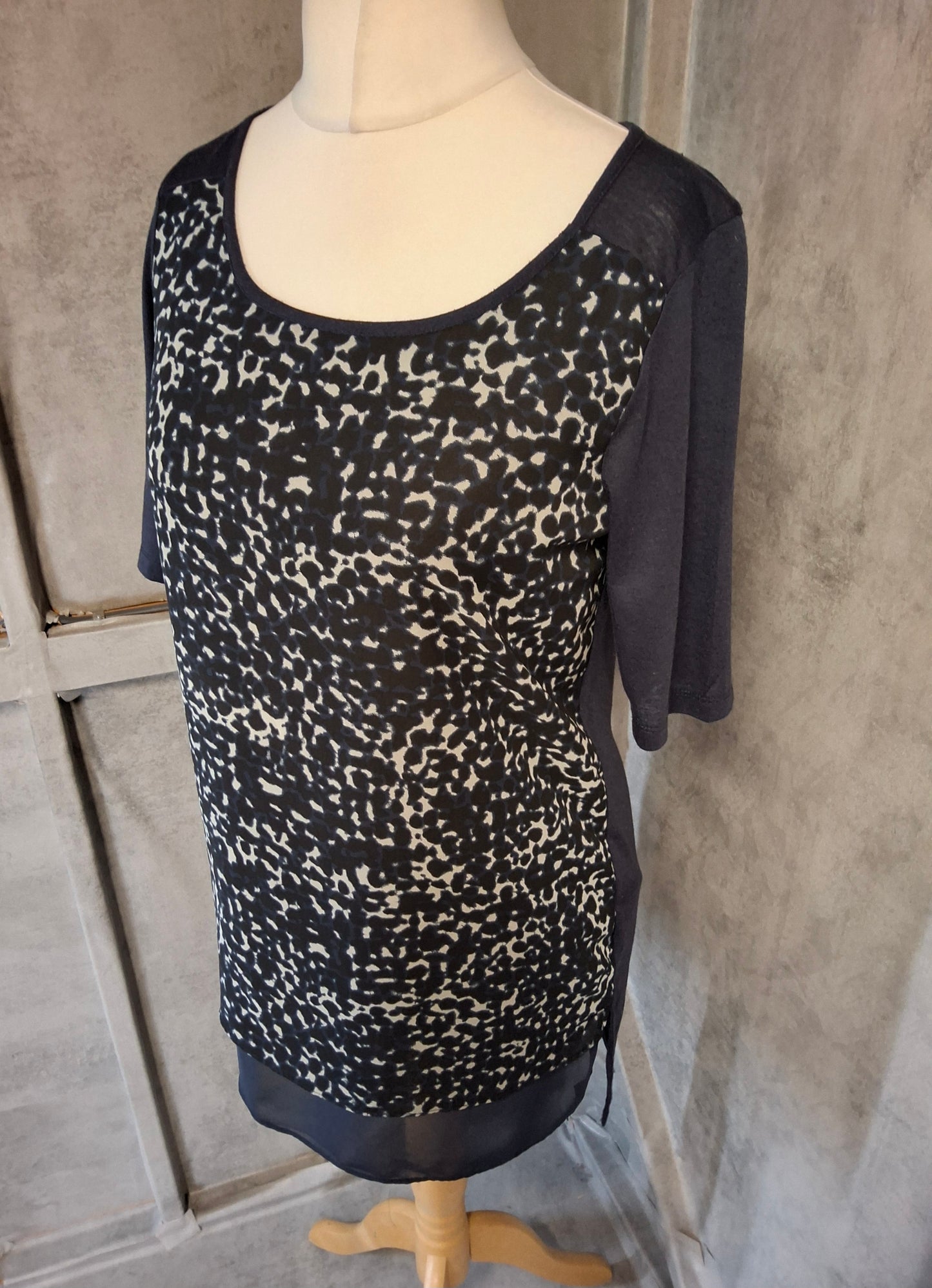 Next Navy Animal Print Contrast Top – Silky Front & Linen Back – Size 10