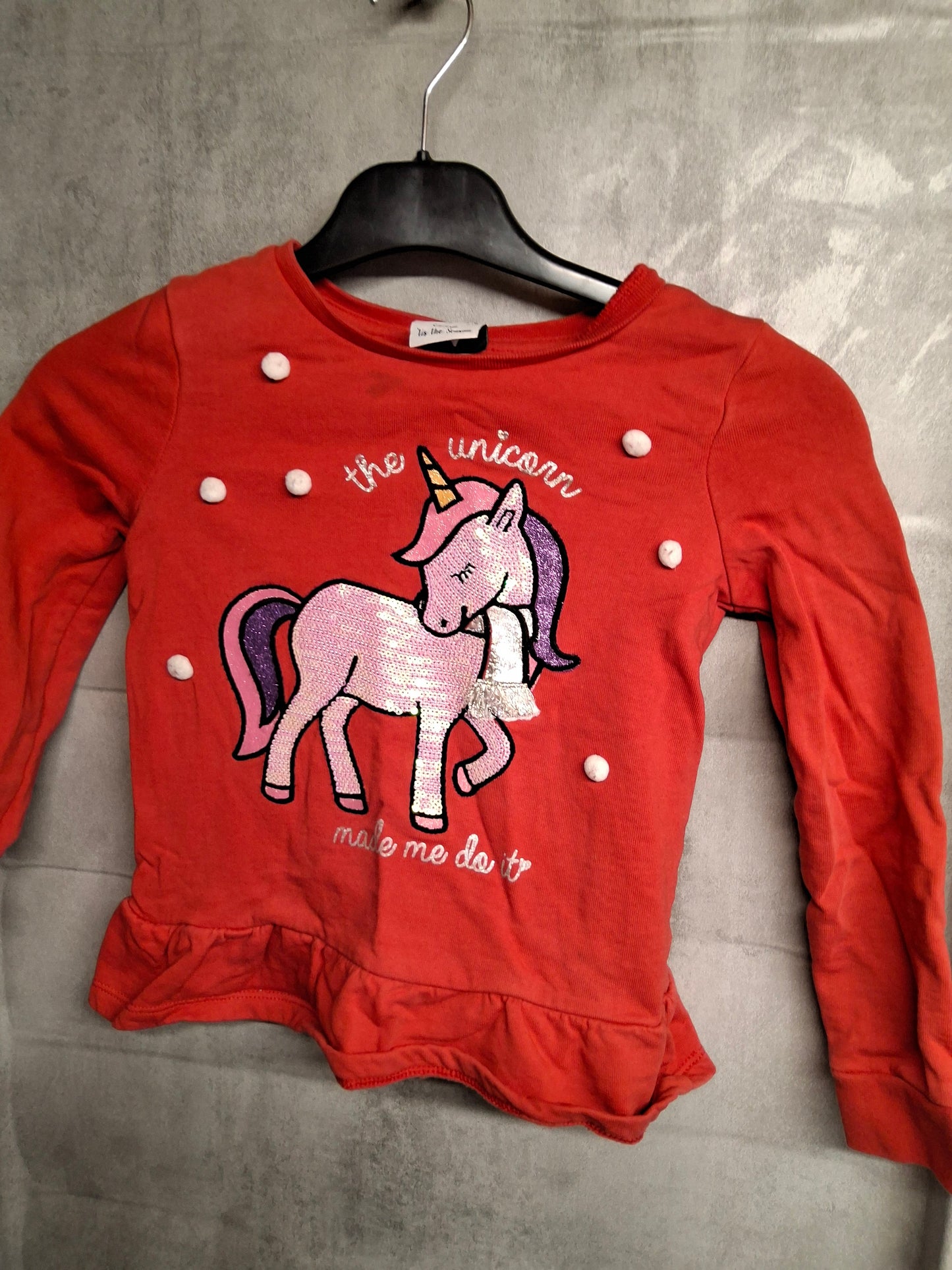 George Girls’ Unicorn Christmas Jumper – Red Peplum Sweatshirt – Age 5–6 Years