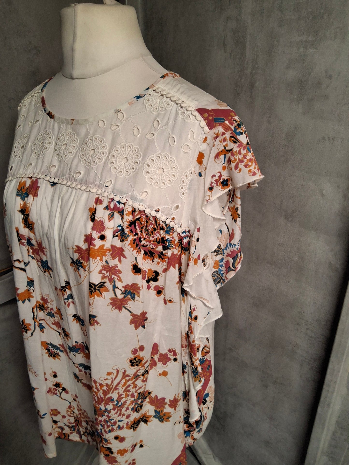 M&S Indigo Floral Blouse – Size 18 – 100% Modal – Boho Style with Broderie Detail