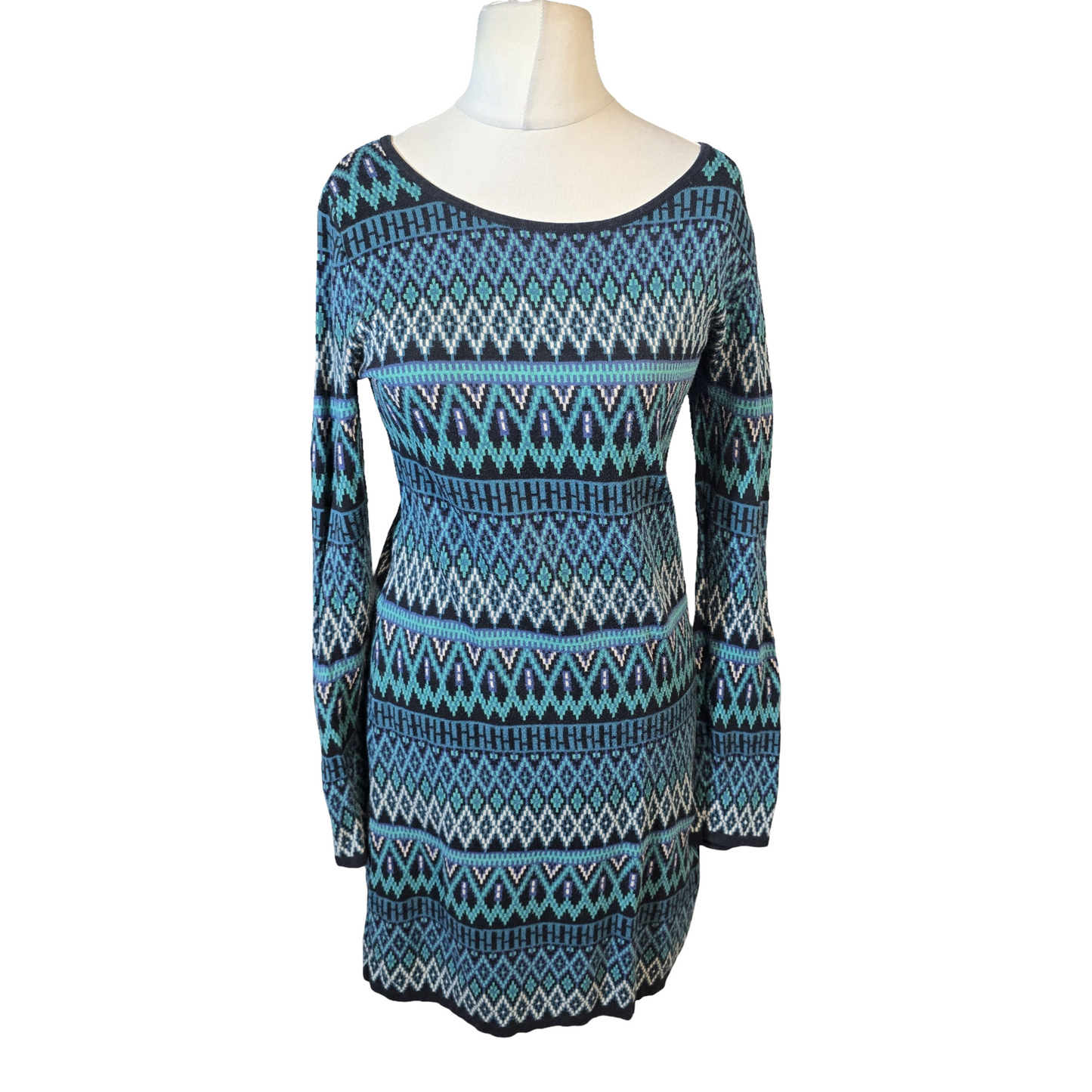 Monsoon Green, Black & White Patterned Jumper Dress – Size M (12/14)