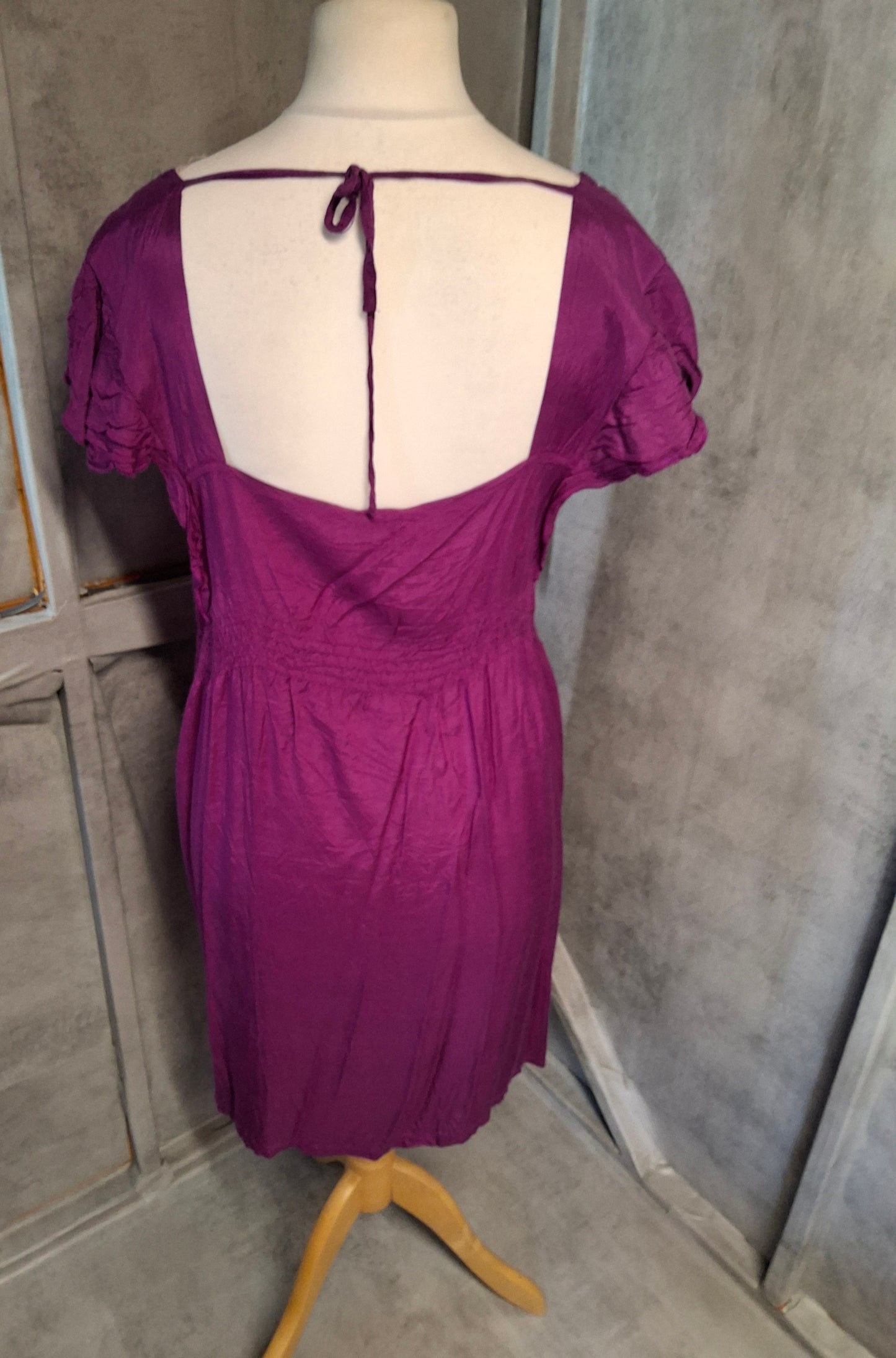 New Look Purple A-Line Dress | Size 16 UK | Beaded Front, Frill Sleeves, Tie Back
