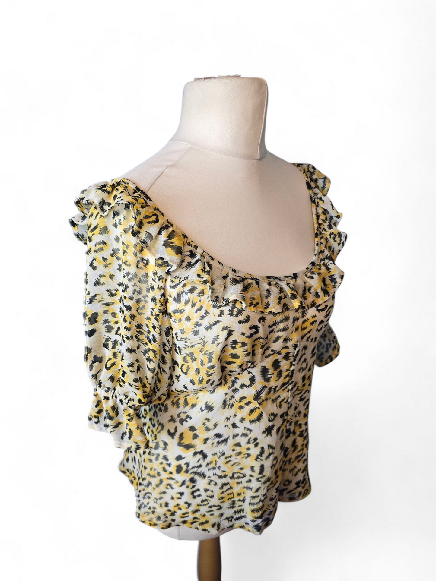 ASOS Yellow & Black Leopard Print Top | Size 12 UK | V-Neck & Sheer Sleeves