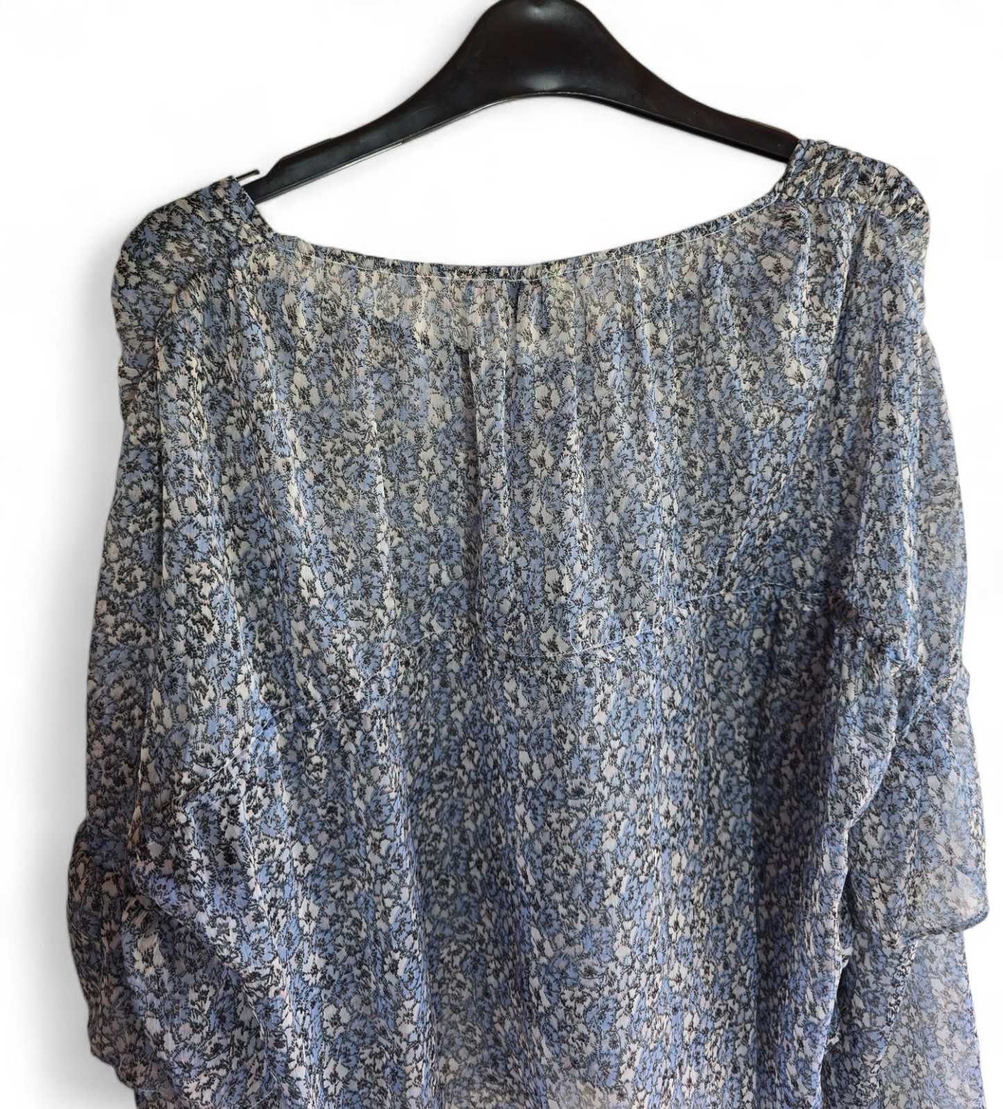 Topshop Blue & White Sheer Floral Blouse | Size 10 UK | Frill Shoulder & Bow Tie