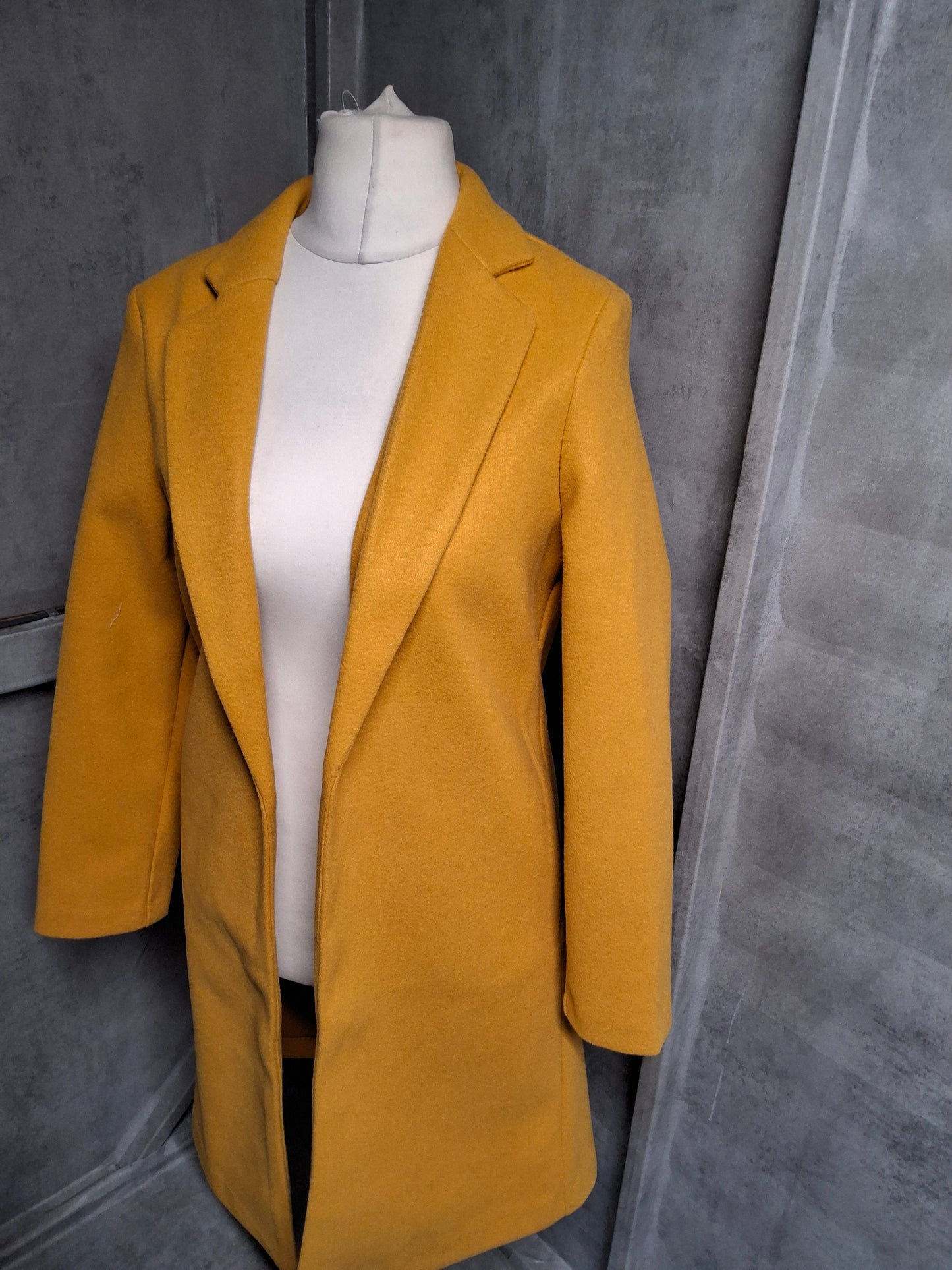 F&F Mustard Yellow Open Front Midi Coat – Size Small (size 8–10) – Bright & Chic