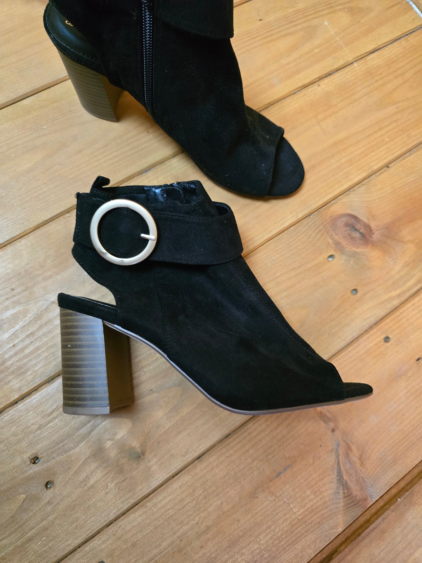 George Black Open Toe & Open Back Heeled Sandals | Zip Closure | Buckle Detail | 8cm Heel | UK 5