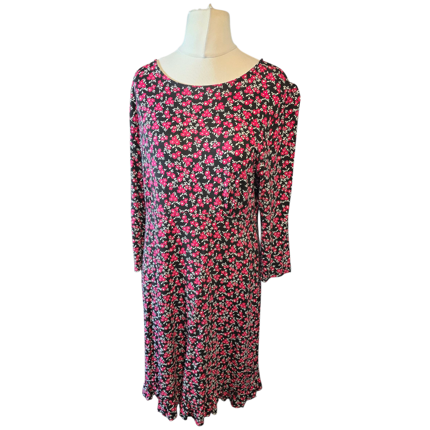 Peacocks Black & Pink Floral Knee Length Dress – Size 16 – ¾ Sleeves, Viscose