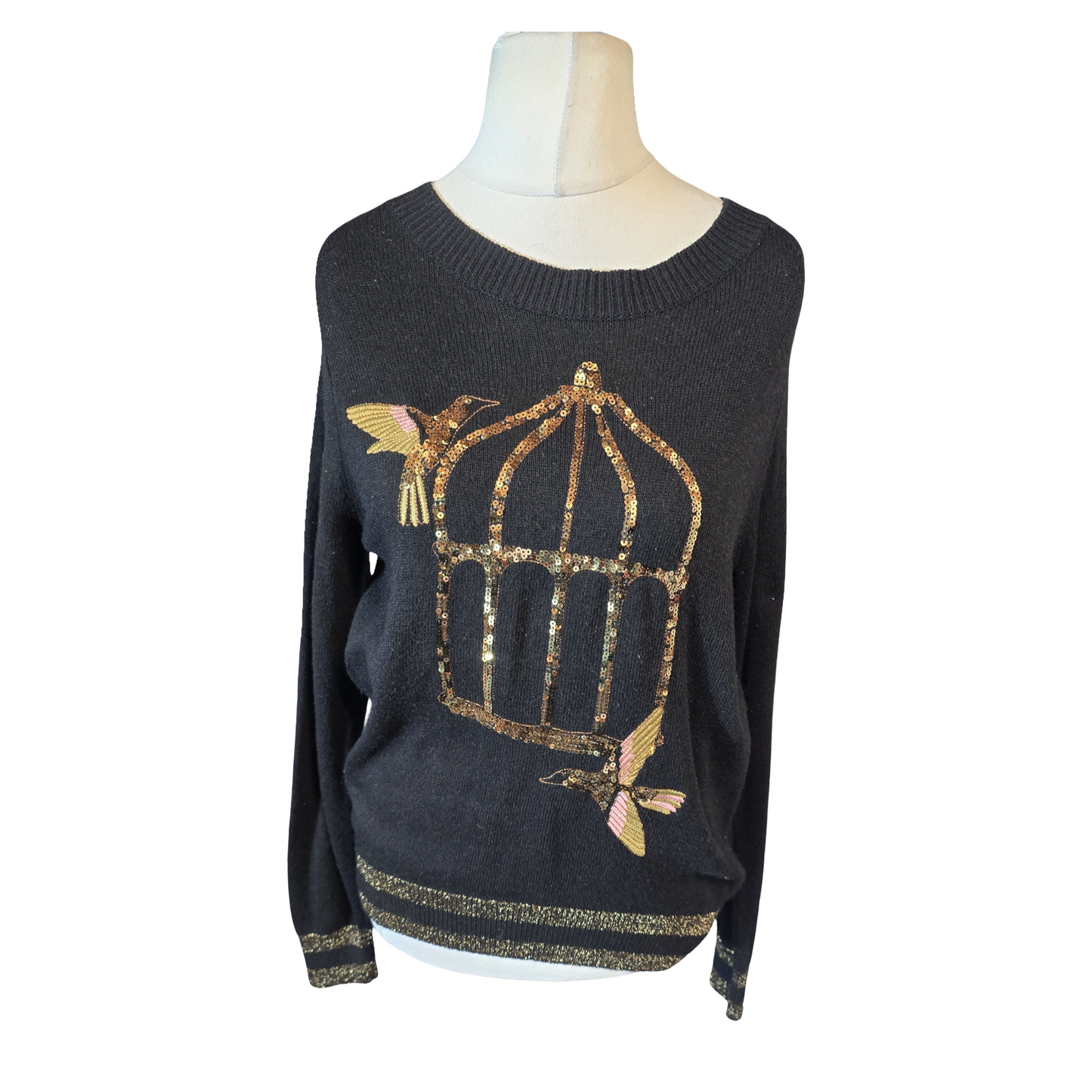 H&M Black & Gold Sequin Birdcage Jumper ā Size S (10/12) ā Longline Knit