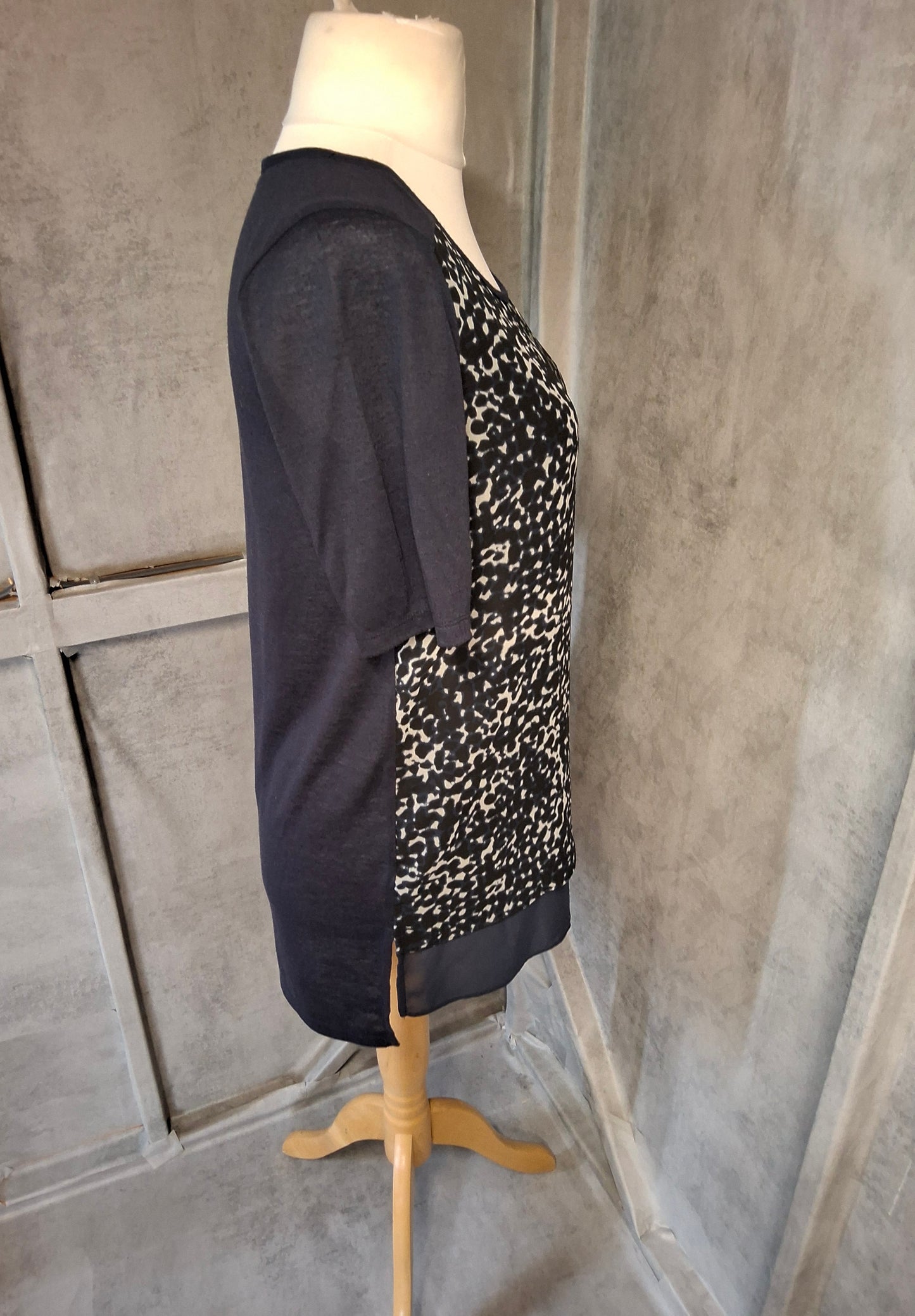 Next Navy Animal Print Contrast Top – Silky Front & Linen Back – Size 10