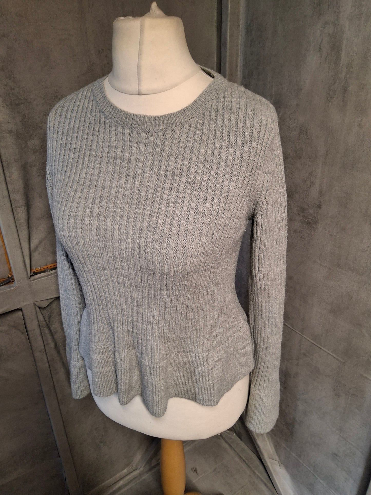 M&S Grey Peplum Knit Jumper – Size 10 – Flared Sleeves
