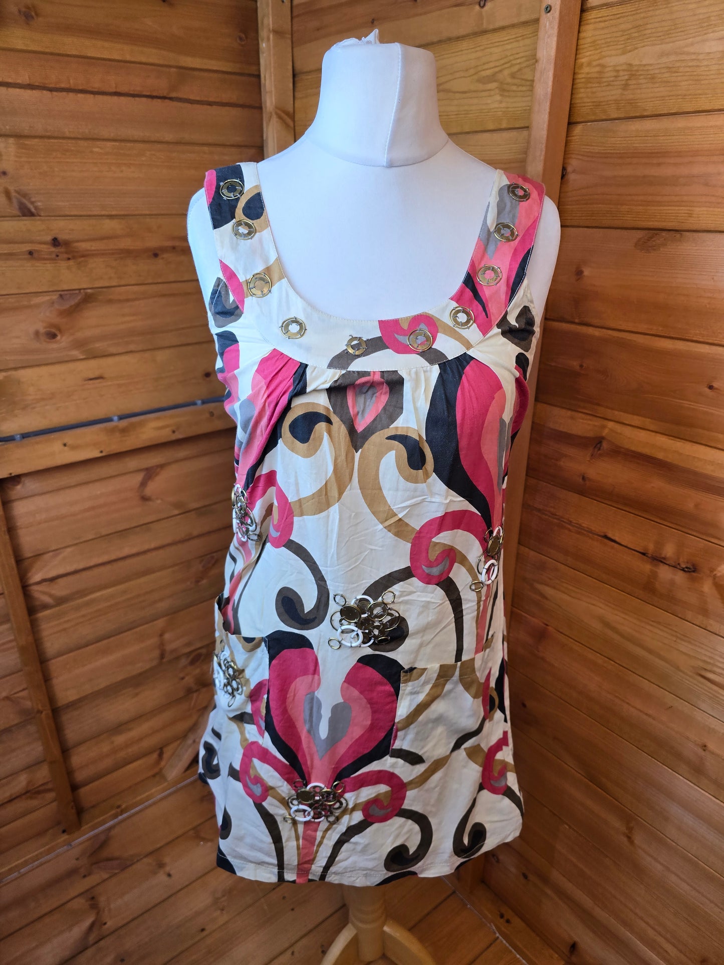 Y2K River Island Cream & Pink Mini Dress ā Size 10, 100% Cotton