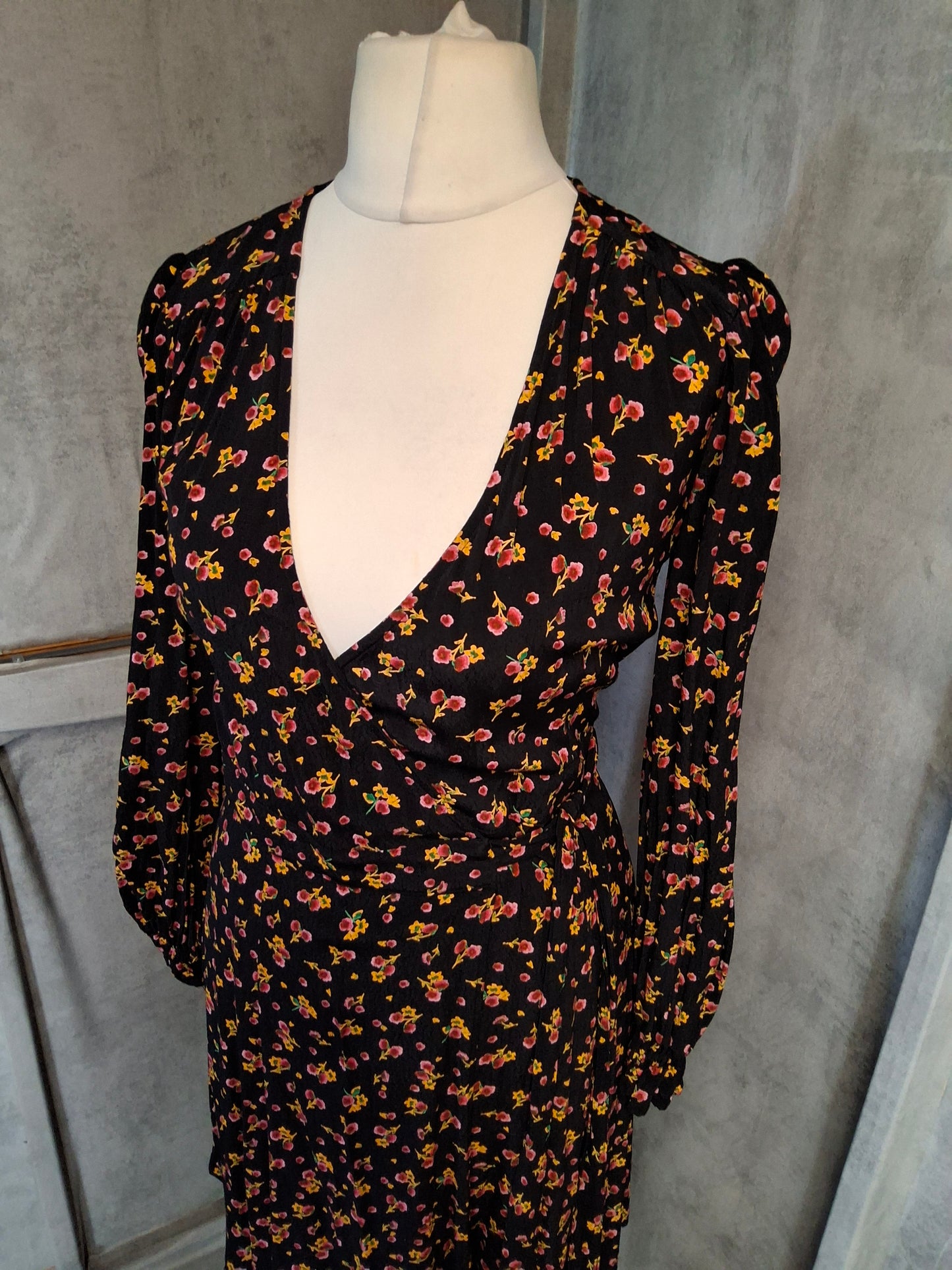 M&S Ghost Black Floral Wrap Midi Dress – Size 8 Regular – Viscose Elegance