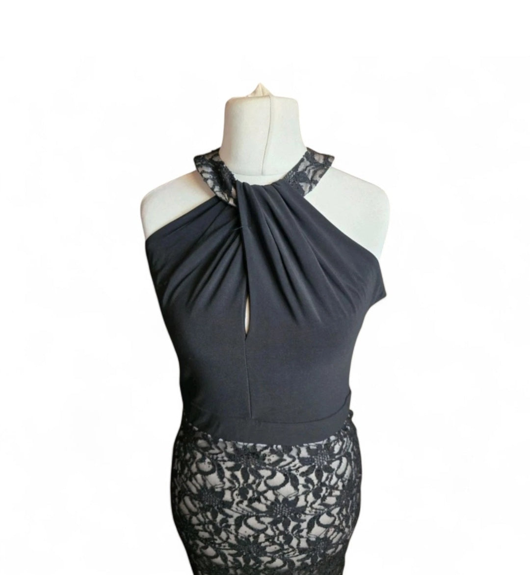 Jane Norman Black Lace Sequin Dress – Size 12, Sleeveless, High Neck, Long A-Line Formal Dress