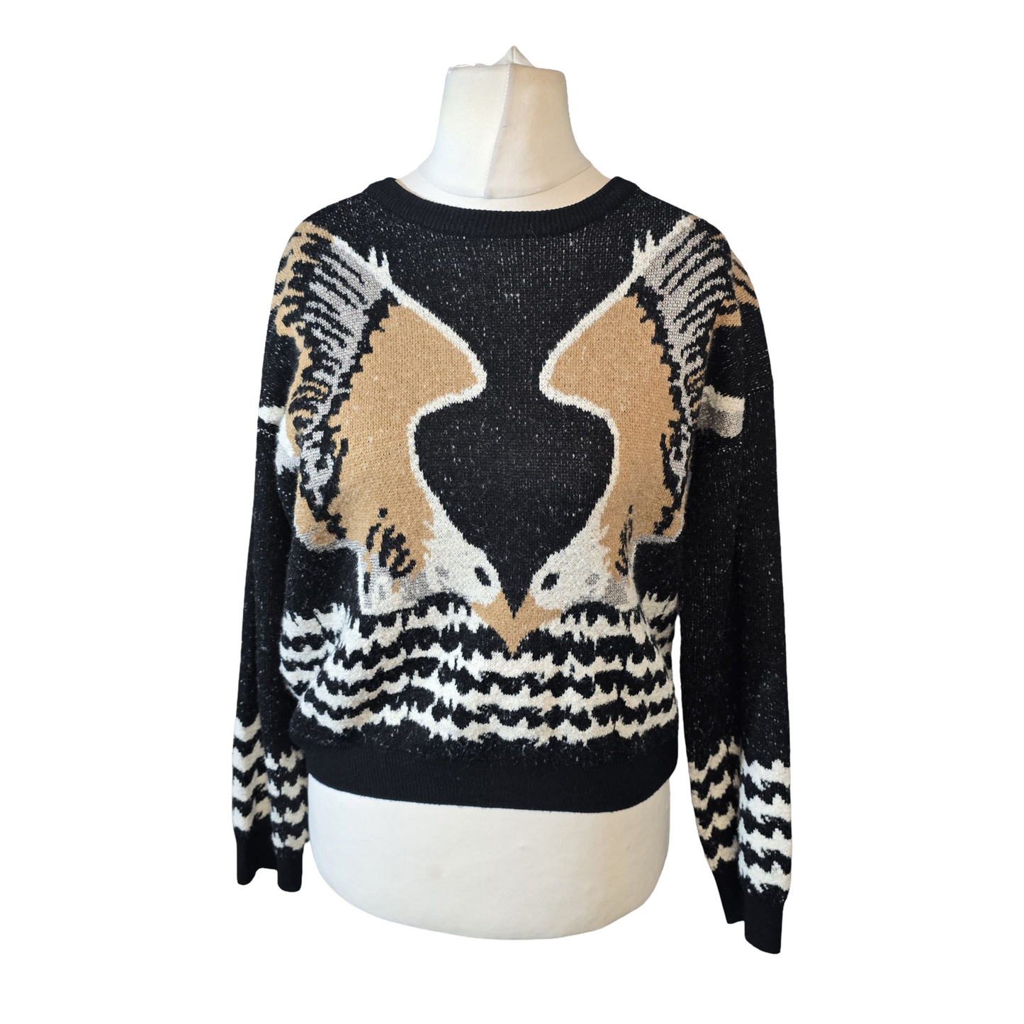 Zara Black & White Bird Knit Jumper – UK 10 – Relaxed Fit
