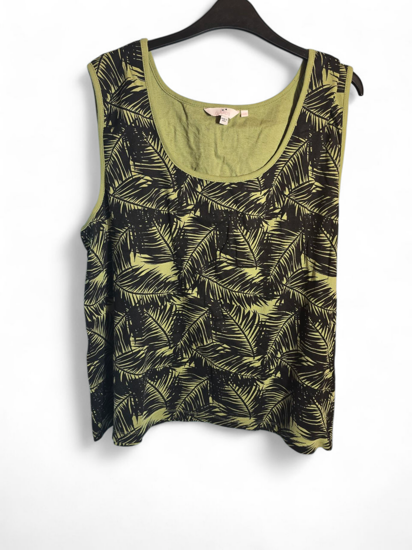 Julipa Green & Black Leaf Print Vest Top | Size 24 UK | Sleeveless Round Neck
