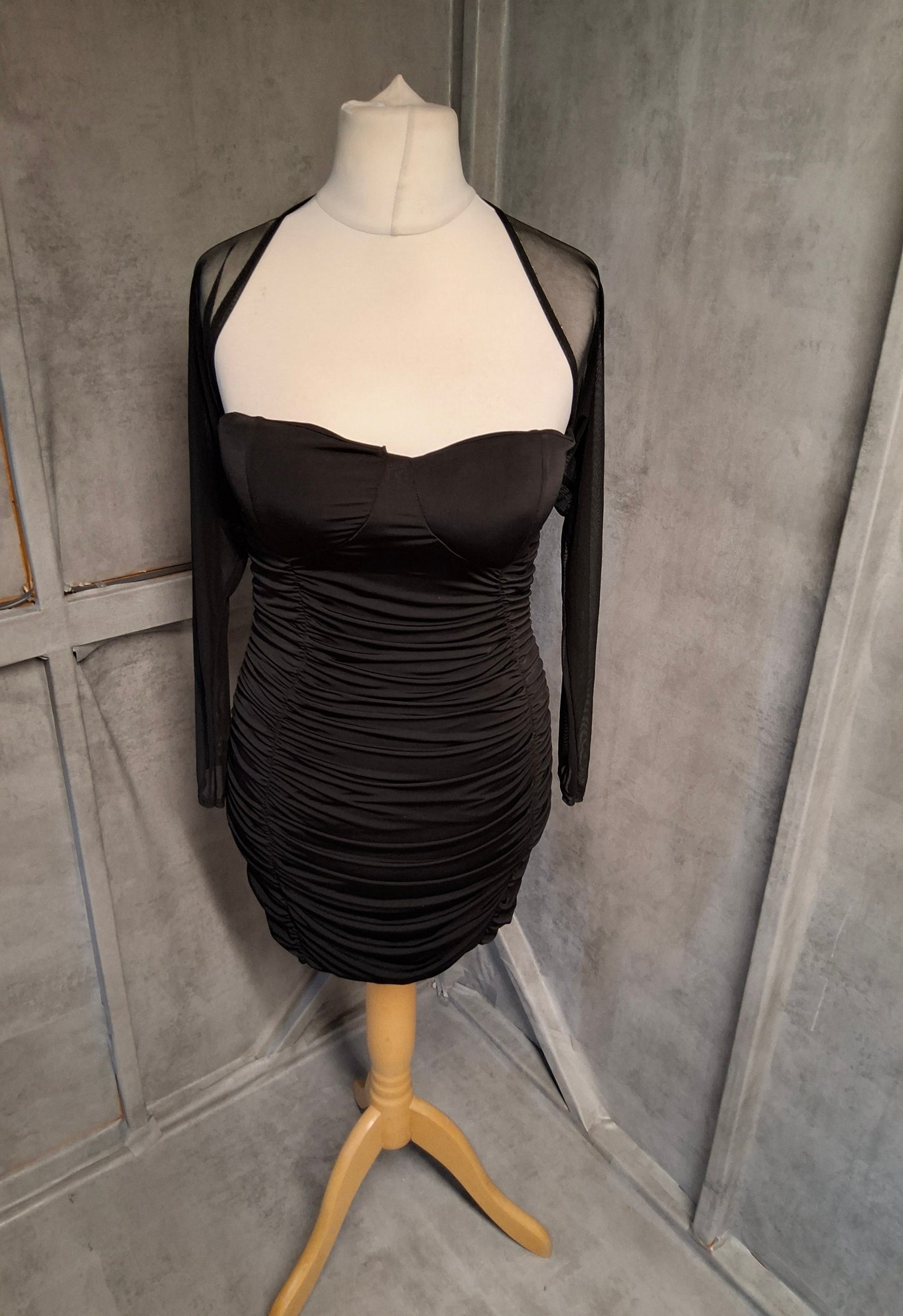 I Saw It First Black Ruched Mini Dress Size 12 – Open Back, Sheer Sleeves, Padded Bust