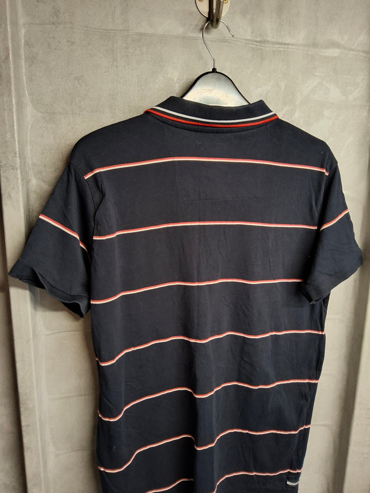 Weekend Offender Men’s Polo Shirt – Navy with Red & White Stripes – Size M – 100% Cotton