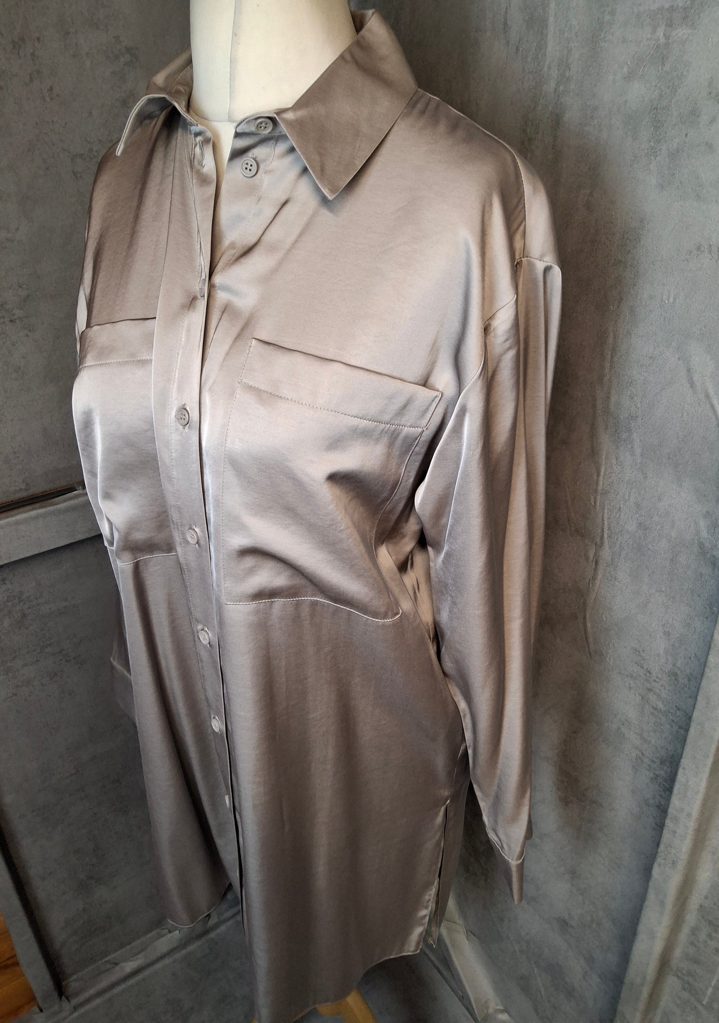 Primark Grey Silky Shirt | Long Sleeve | Size 12 | Smart Casual Workwear | New with Tags