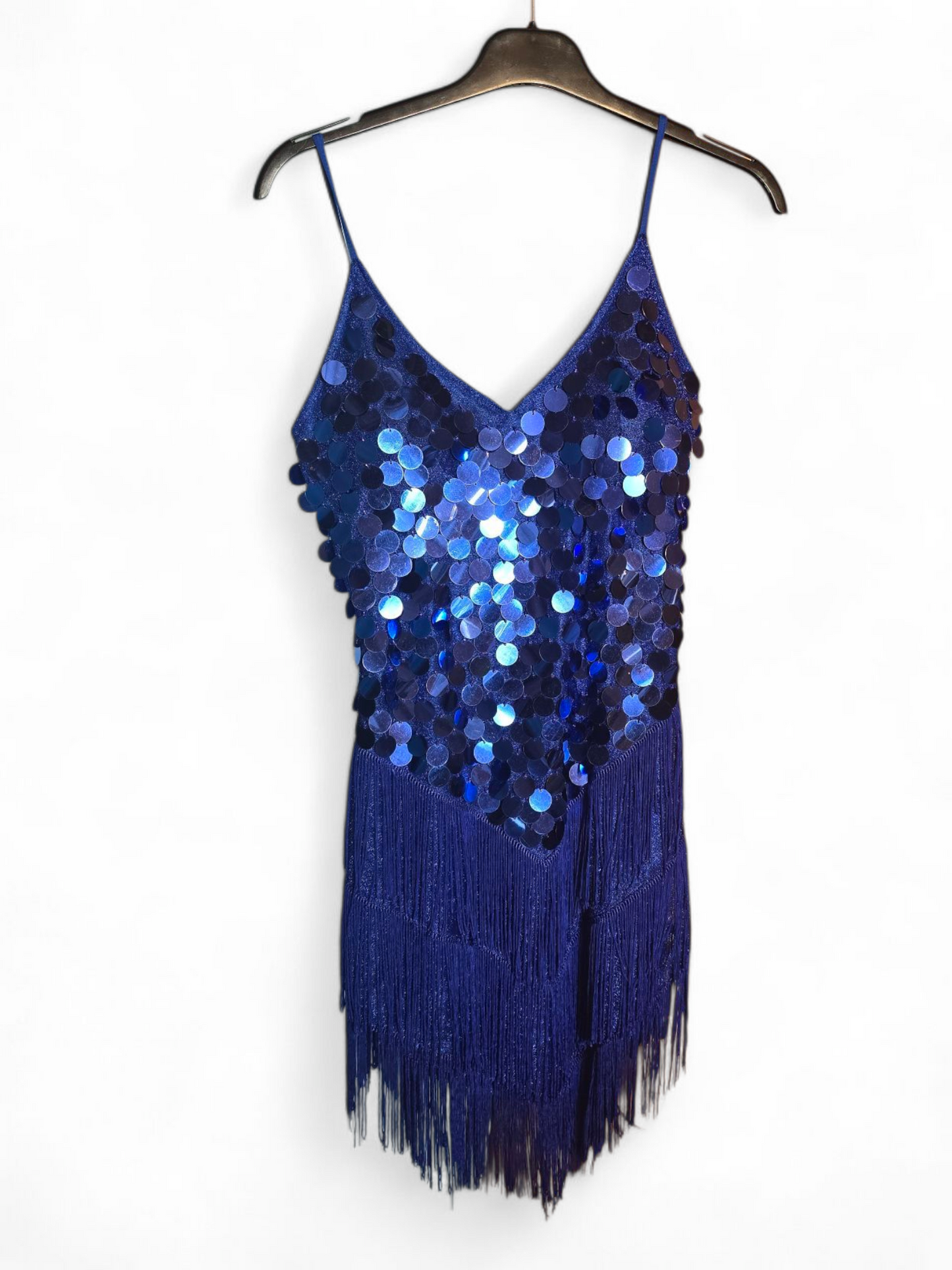 Blue Sequin Glitter 1920s Flapper Dress Tassel Detail Adjustable Straps V-Neck