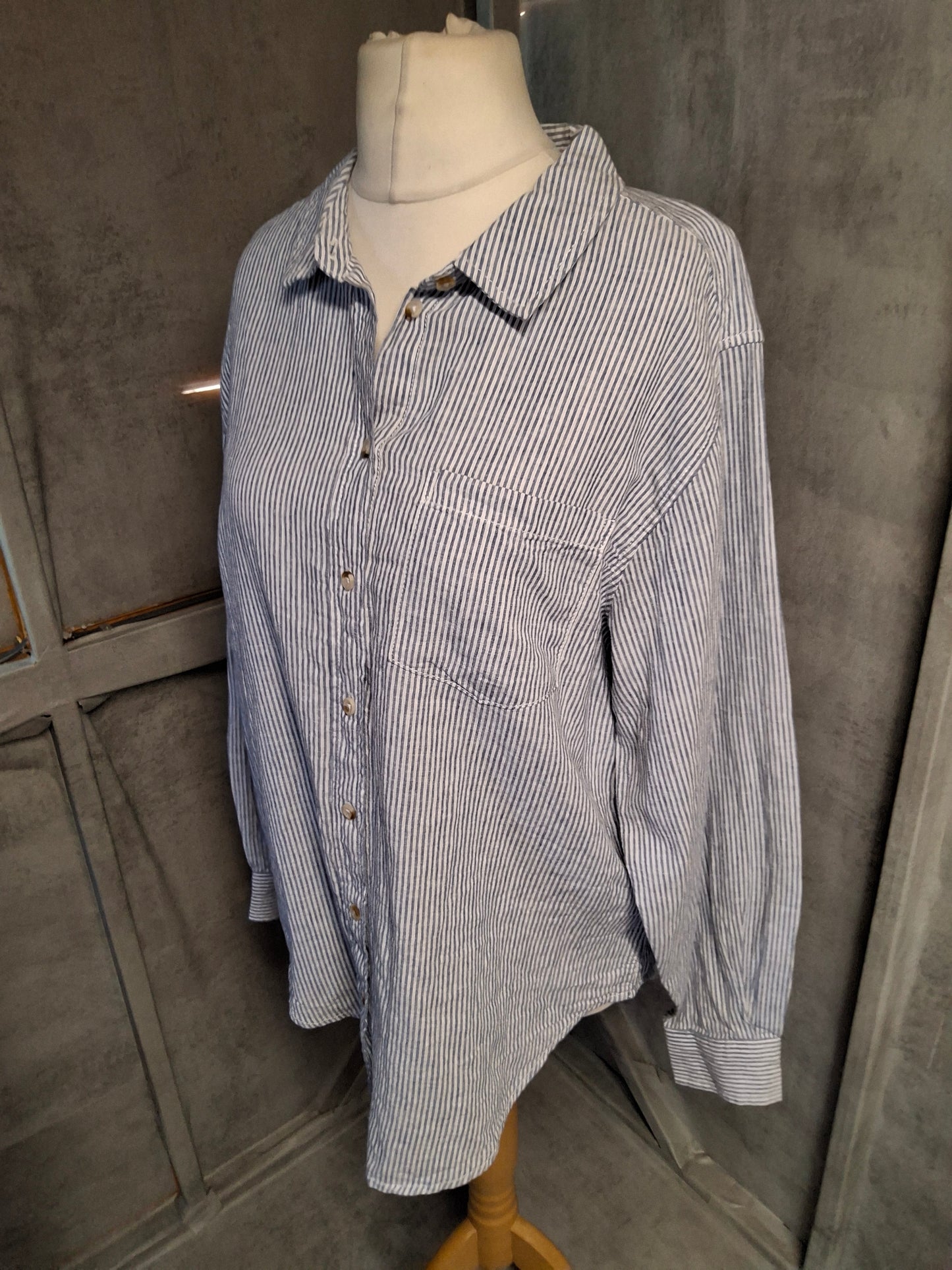 Matalan Blue & White Striped Linen Blend Shirt – Size 12 – BNWT