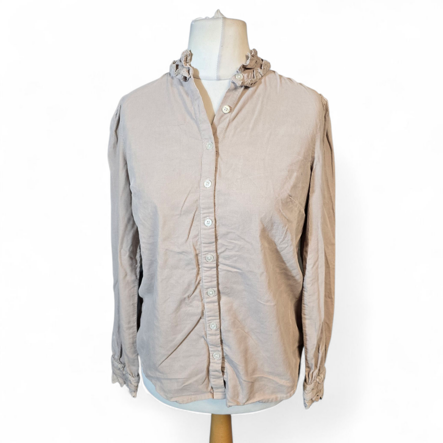 Boden Beige Cord Shirt – Frilly Collar & Cuffs – Size 8 – 100% Cotton