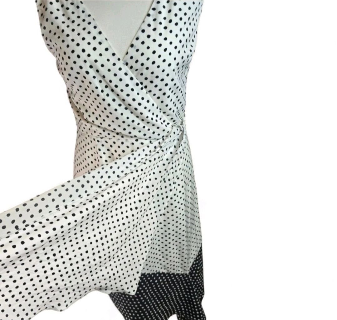 Lavish Alice Black & White Polka Dot Midi Dress – Size 12, Sleeveless, V-Neck, Asymmetrical Hem