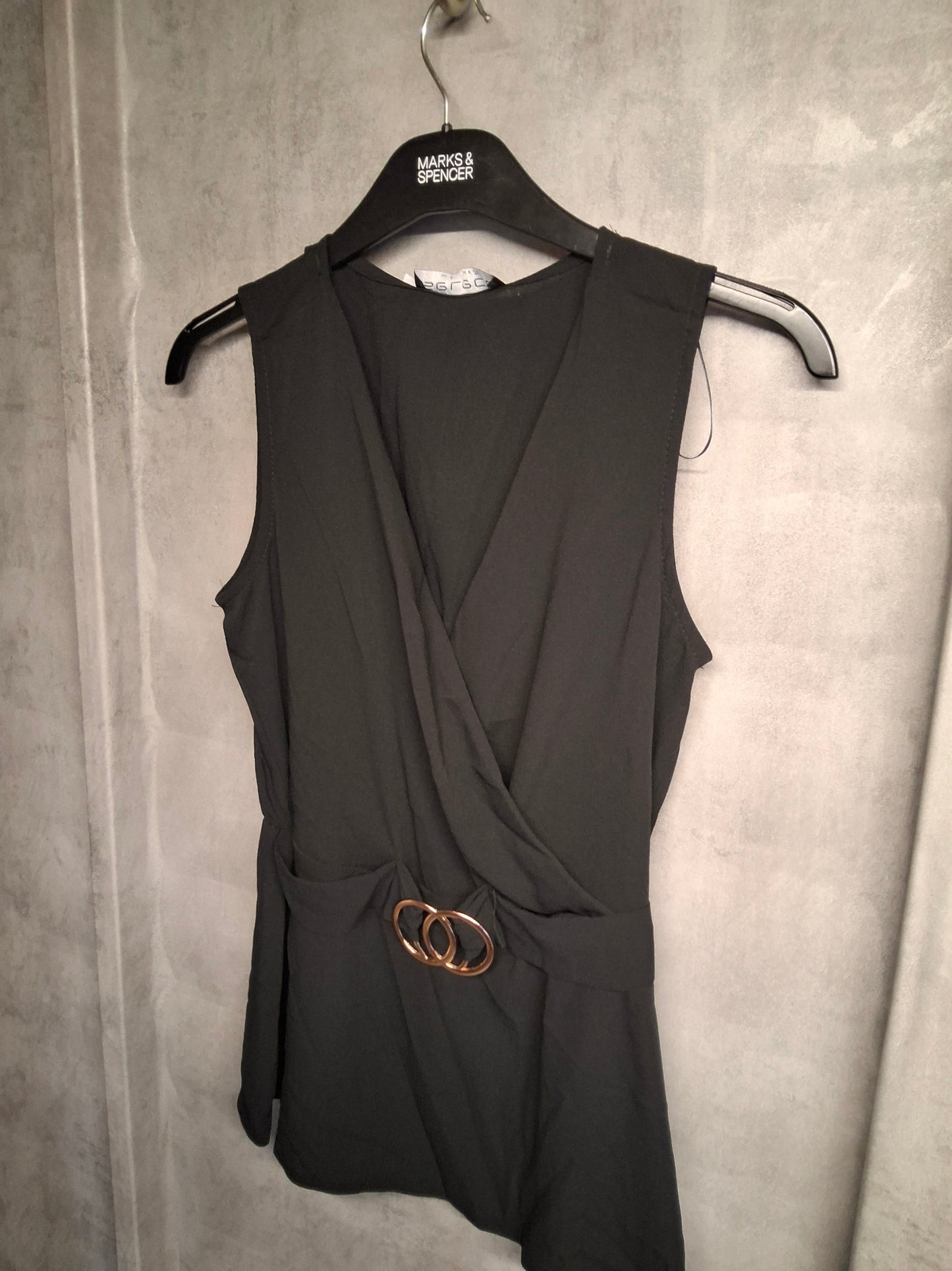 Select Black Sleeveless Peplum Top – Size 8 with Gold Buckle Detail