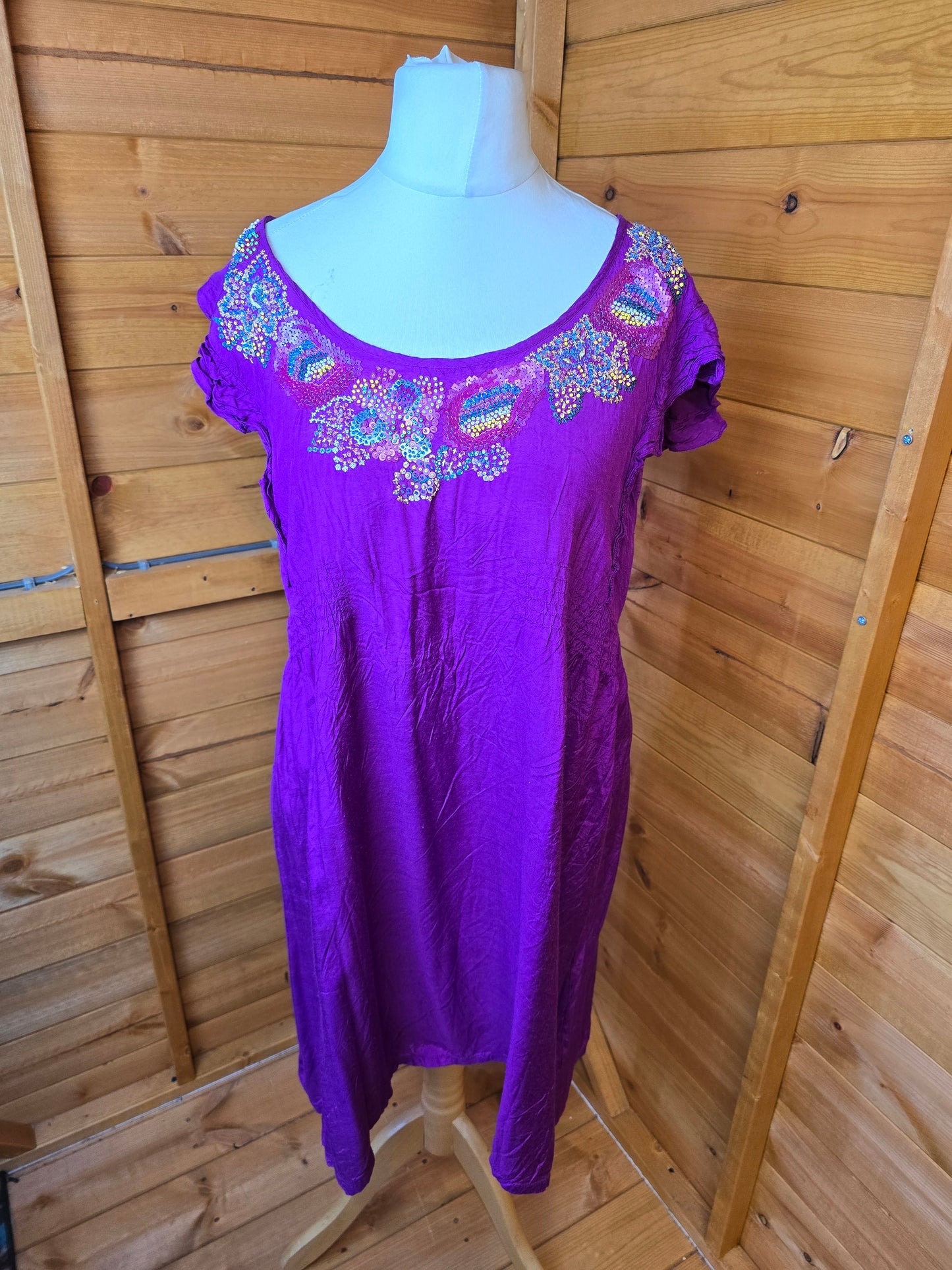 New Look Purple A-Line Dress | Size 16 UK | Beaded Front, Frill Sleeves, Tie Back