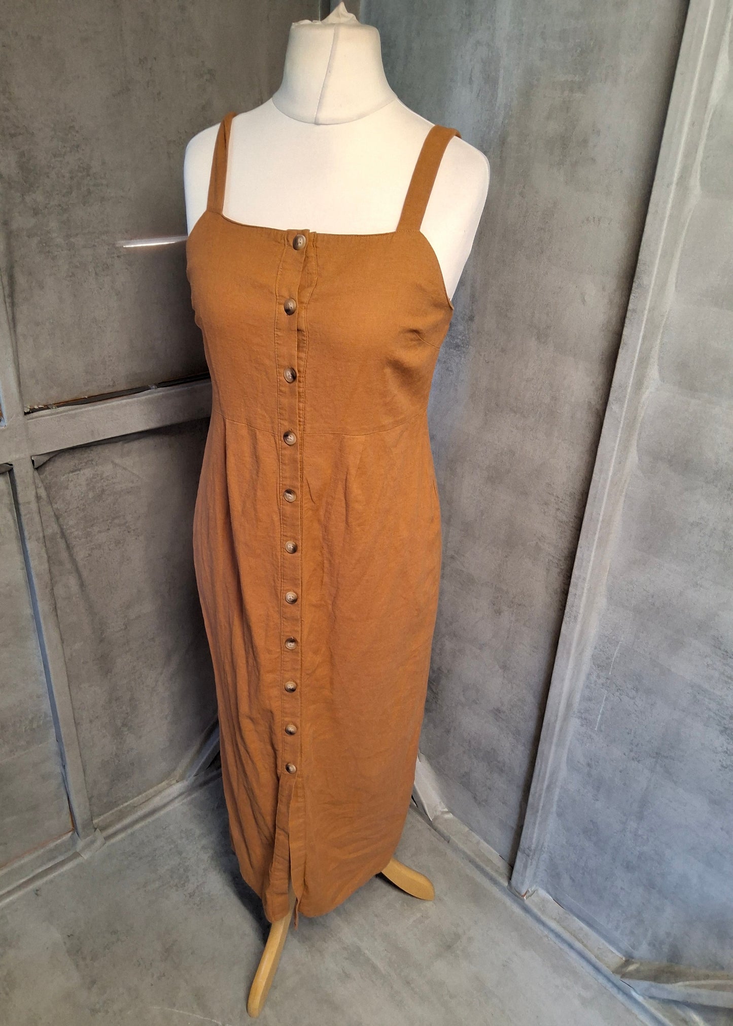 Topshop Linen Blend Midi Dress – Size 12 – Button Front – Earthy Vibes