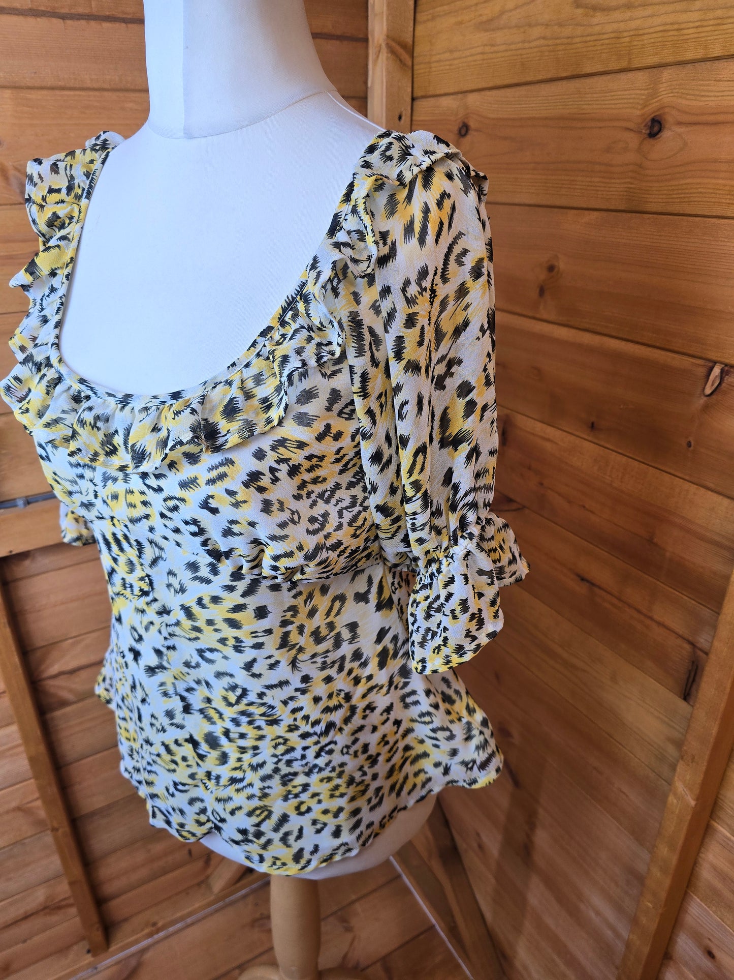 ASOS Yellow & Black Leopard Print Top | Size 12 UK | V-Neck & Sheer Sleeves