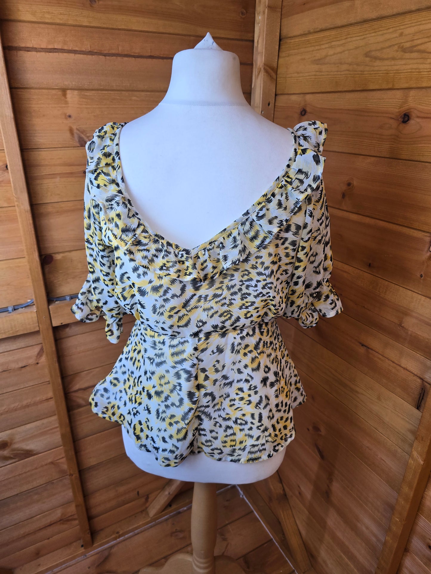 ASOS Yellow & Black Leopard Print Top | Size 12 UK | V-Neck & Sheer Sleeves