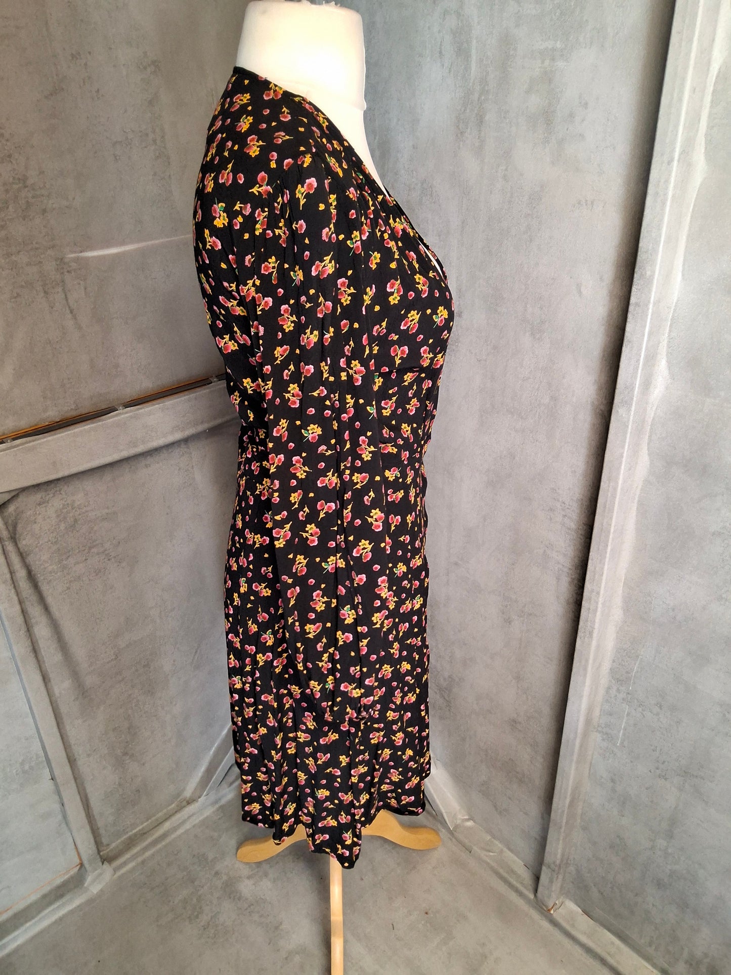 M&S Ghost Black Floral Wrap Midi Dress – Size 8 Regular – Viscose Elegance