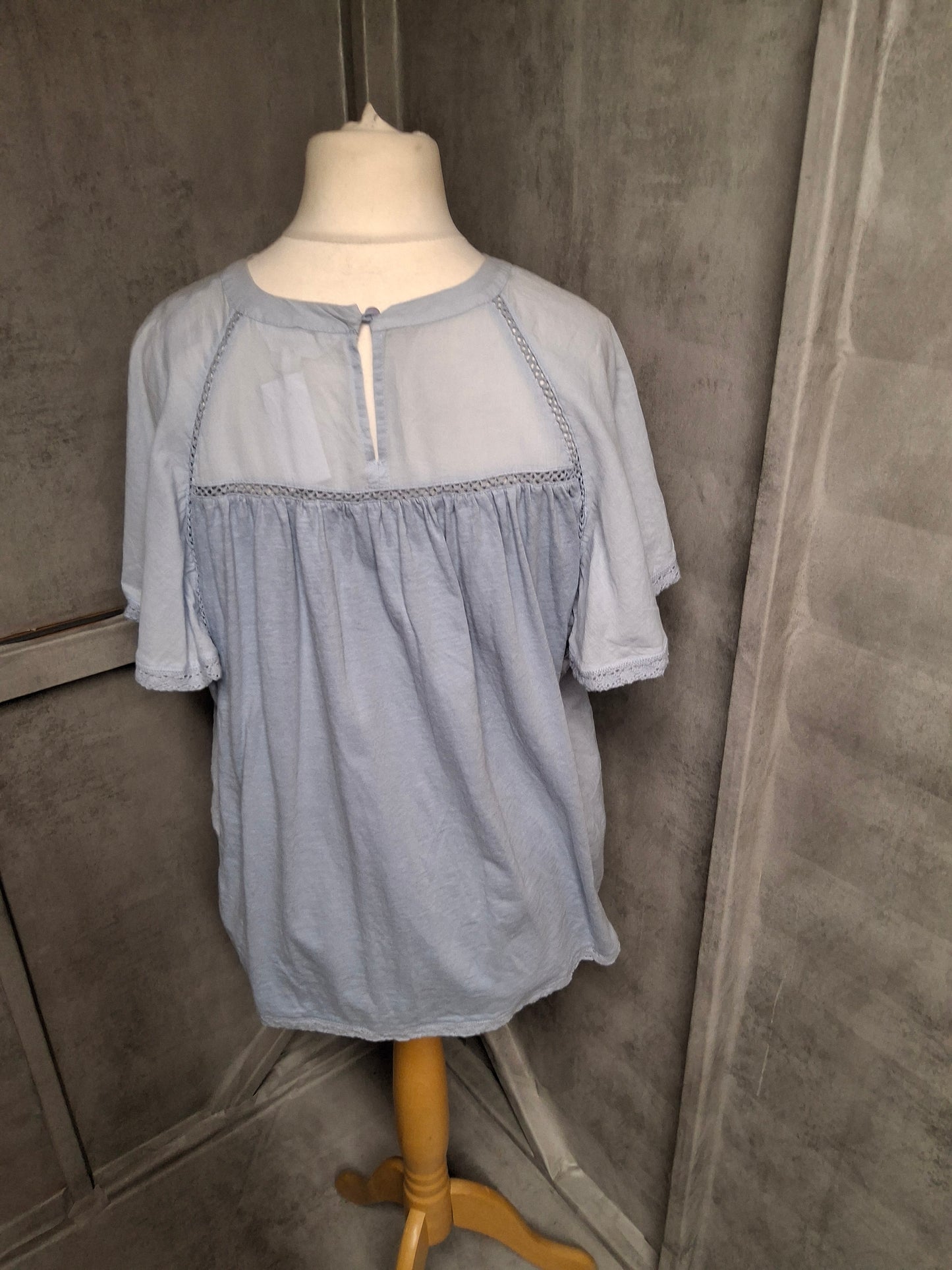 Per Una Blue Cotton Crochet Detail Top – Size 18 – Floaty Sleeves & Relaxed Fit