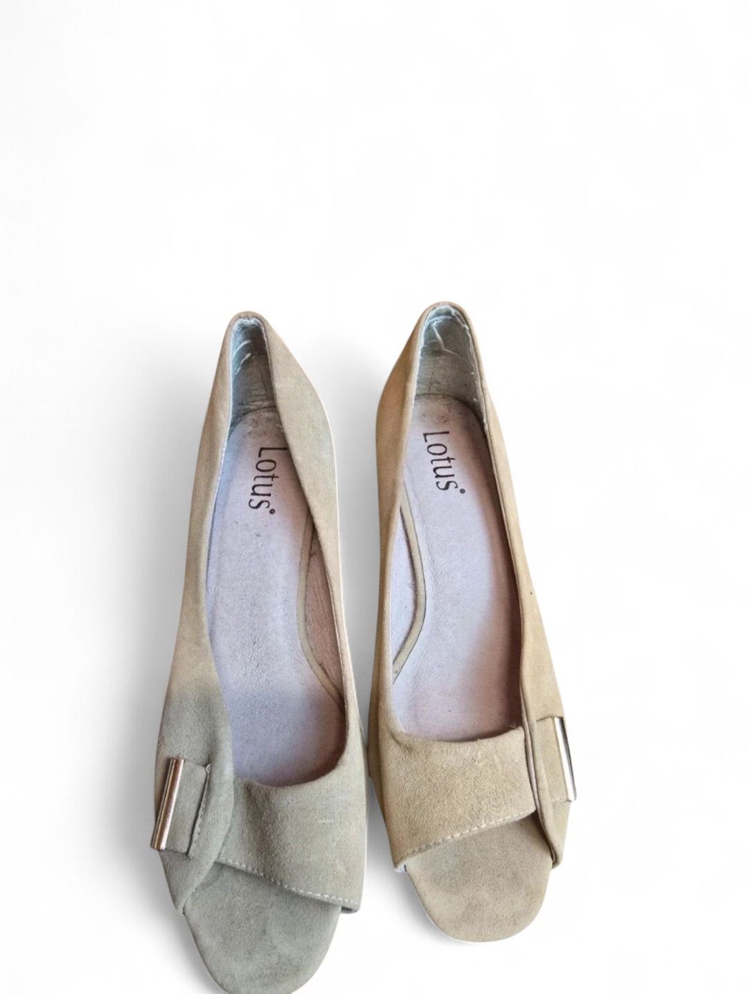Lotus peep toe beige suede small heel shoes size 5.5