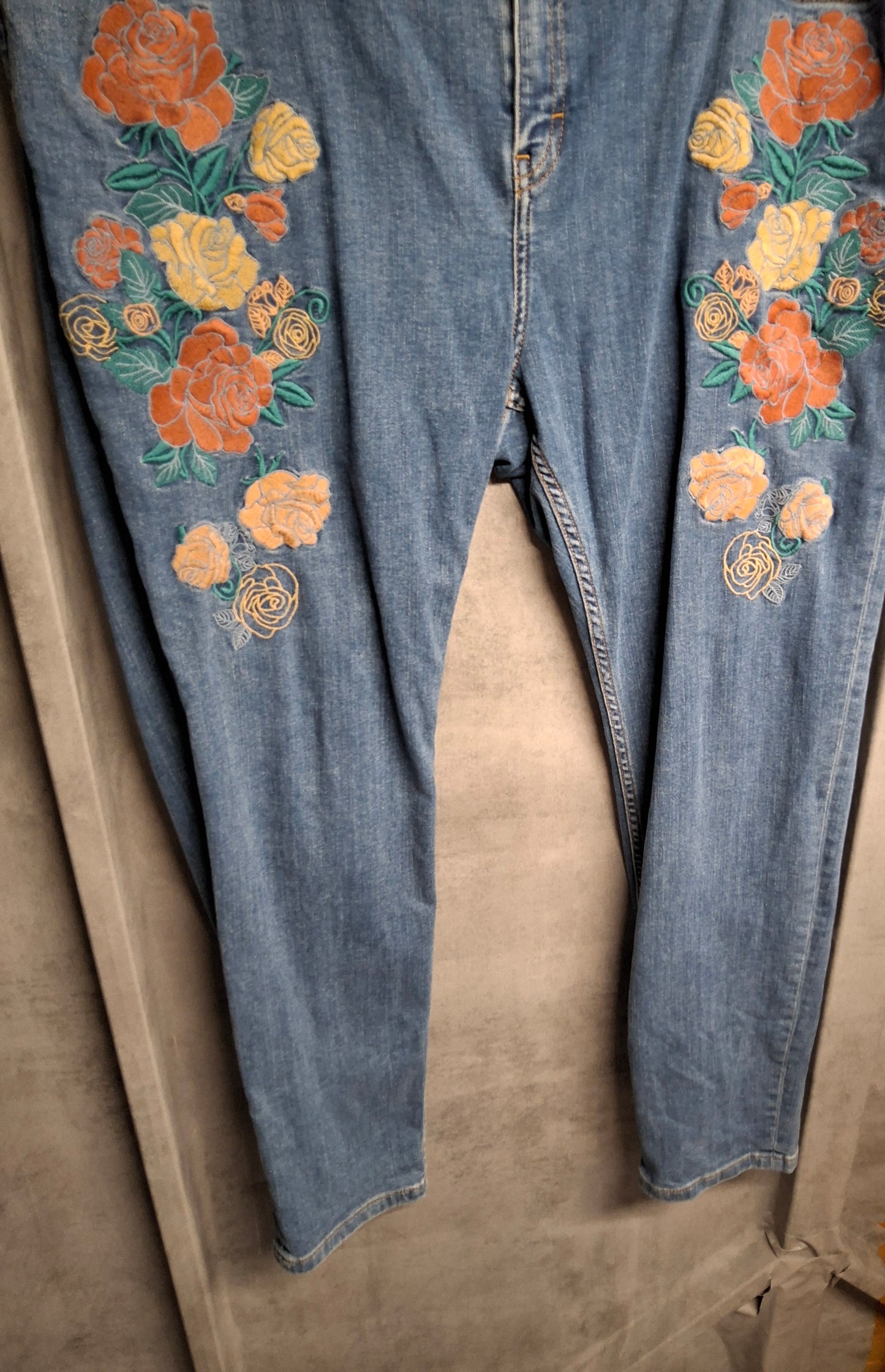 M&S Blue Floral Embroidered Girlfriend Jeans – Size 16