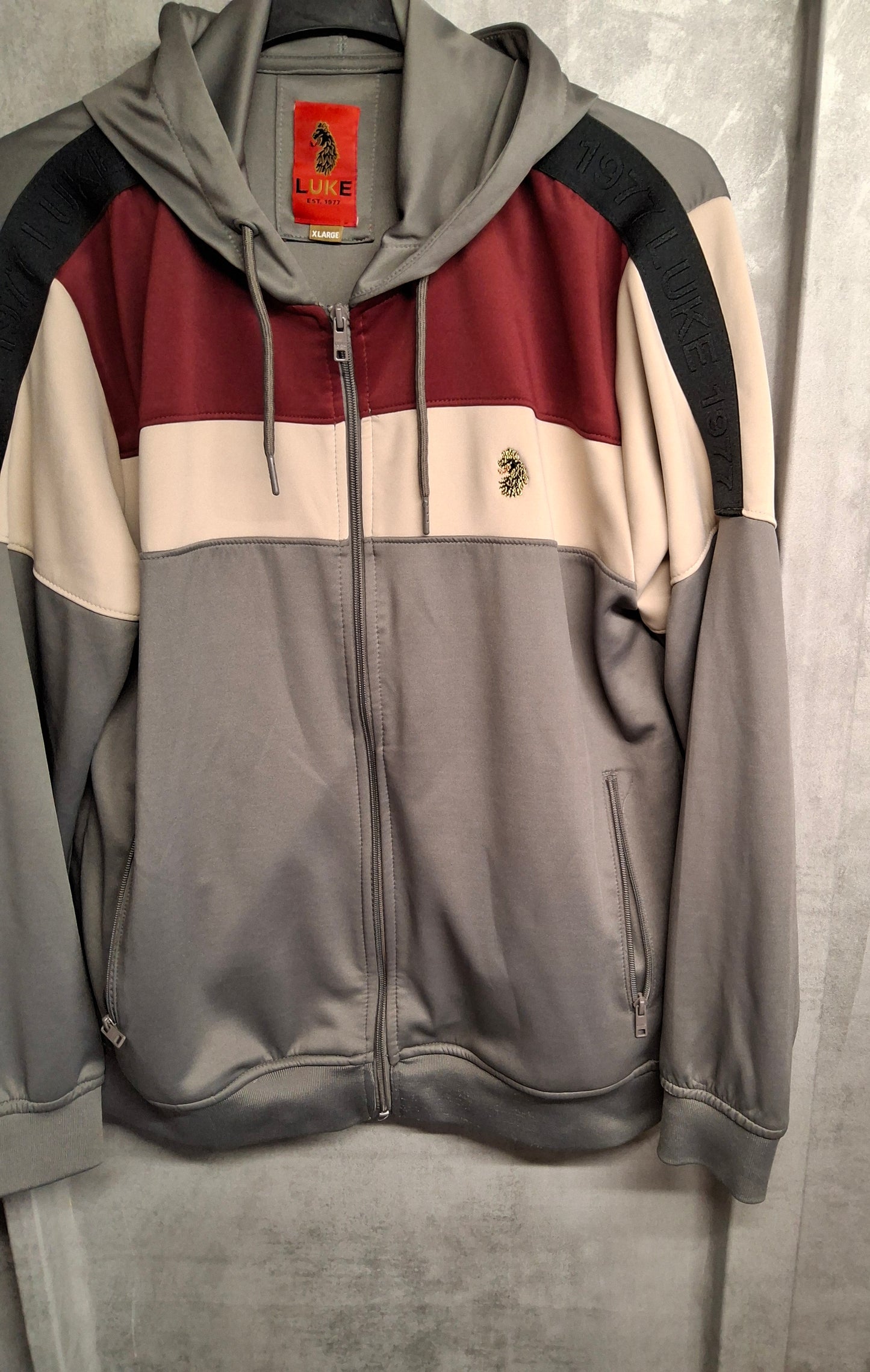 Luke Men’s Grey Beige & Burgundy Zip Up Hoodie – XL – Drawstring Hood & Zipped Pockets
